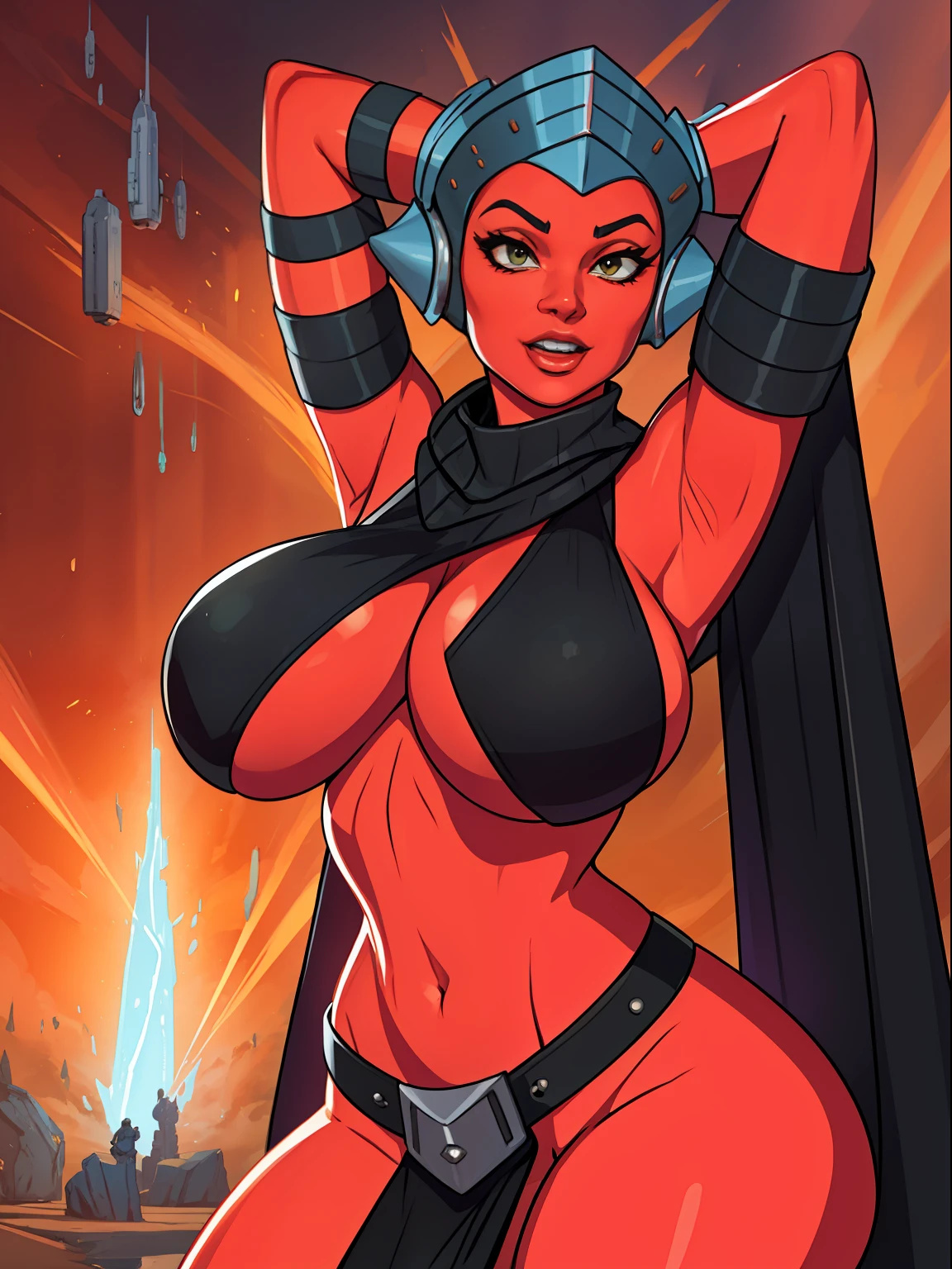 busty, (((gigantic boobs))), ((red skin), twi'lek), stretching seductively, (wearing black tunic, tabard, cowl, body glove, straps, buckles, long skirts, pelvic curtain, long sleeves, fantasy), ((busty), slender body, thin, slim sexy body, slim waist, long legs, toned legs, ((((gigantic breasts))))), Imperial starship, Star Wars,