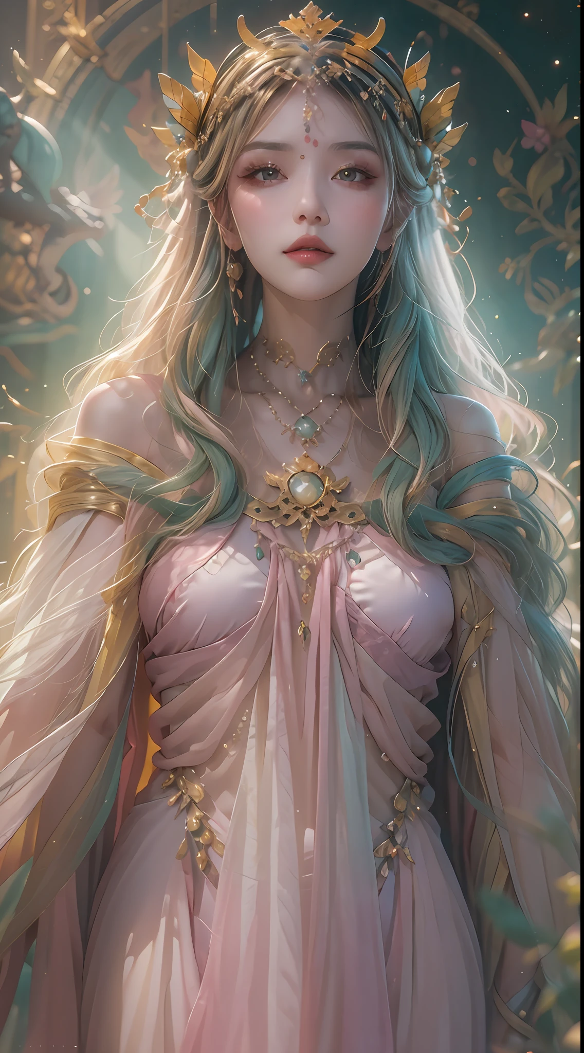 1 20 year old girl, 1 goddess Athena, (pink purple silk dress: 1.2), goddess Athena with spotless face, sexy thin yellow nightgown, long thin nightgown with many sexy black lace details, legendary saint, holy goddess icon, elegant female saint style glitter, dark and mysterious version, holy woman crown, burgundy lips, thin and beautiful lips, dou kareni figure, no smile, no smile character, no smile detailed background, extremely detailed, sage ghost, (pure and spotless face: 1.9), holy female body . (big round eyes and very beautiful and detailed makeup: 1.8), meticulous makeup, silk nightgown, mysterious makeup, Bracelet, bangs and dyed light blonde, upper body, (holy man): 1.8), drooping arms, concealed hands, vivid realism, (stars that make up the sky: 1.7), (best heaven and gates: 1.8k, best quality, timeless art, 8k best quality, highest resolution, 8k quality, best quality photos, , surreal, best real life photo, goddess art photo, 1 saint icon as background, portrait of a saint, truest color palette, best photo color, masterpiece, hair decoration, necklace, jewelry, pretty face, upper body, brand effect, real photo, dark studio, high detail, white ds, lr light, soft light, quality, bok, high resolution, photo mke smooth and sharp, 10x pixel increase, sexy goddess, sexy goddess, (backspace: 1.8), (galaxy: 1.7) ), aurora, lightning, (best aurora and flower eyes, beautiful eyes