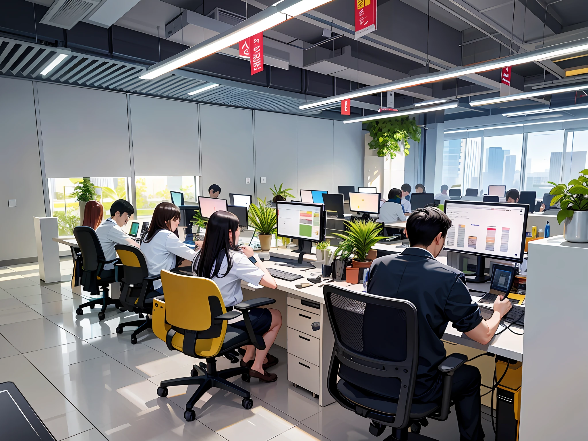 People are sitting at desks in offices,There are computers and plants, busy room, working in an office, open office, At the office, in a open-space working space, In the office, sitting in office, high-tech environment, wide - shot, wide wide shot, wide wide shot, In the call center office, Office, shenzhen, Office