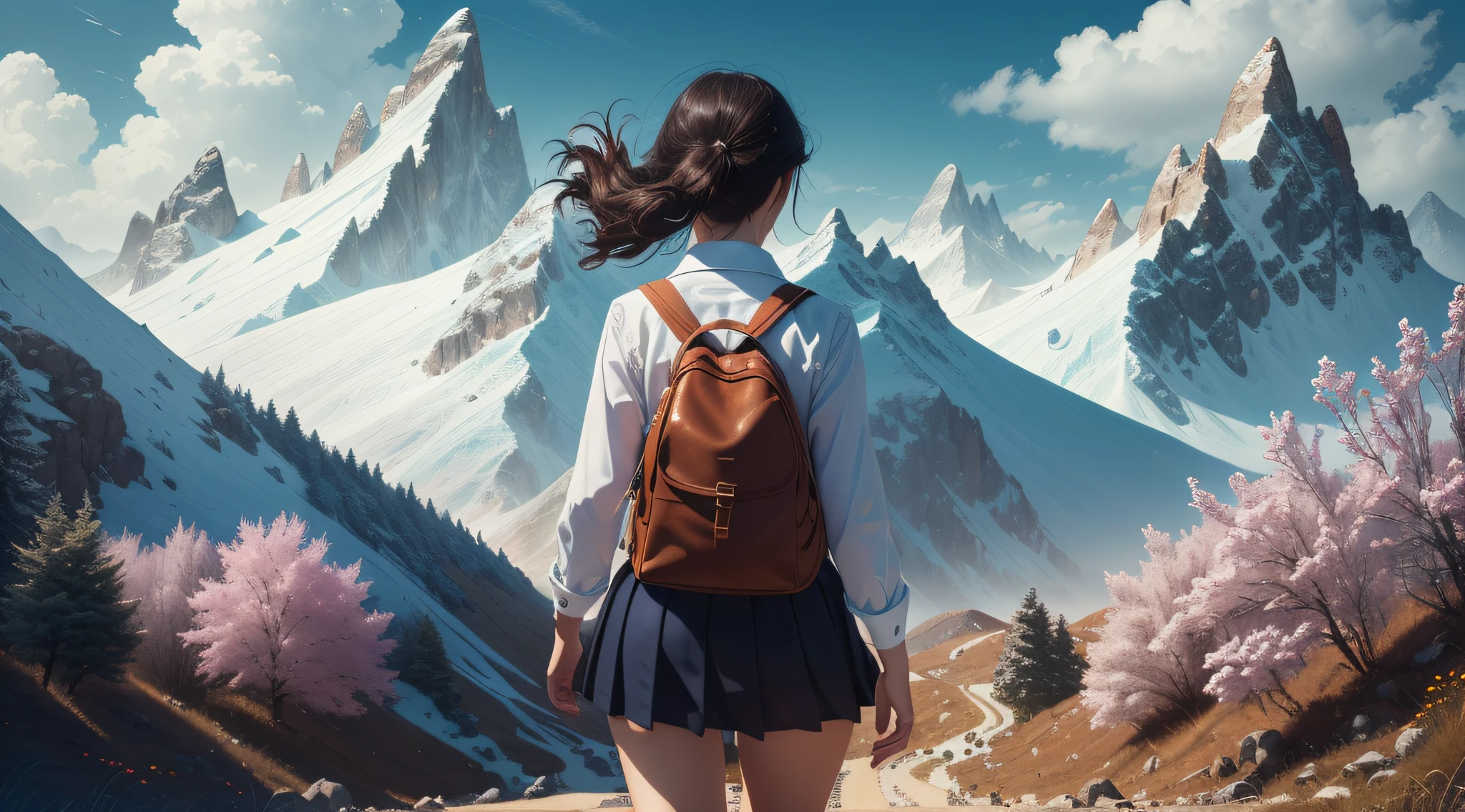 (masterpiece), (best quality), (ultra-detailed), (Amazing:1.1), 12mm f2.8 lens, day time, ((((full body), back shot, walking))), ((((A high school girl with a full body back shot in the mountain)))), (((((without looking at me))))), ((A beautiful high school girl lost in a surreal world of dreamlike landscapes)), (17 yr old), (((steep mountain road))), A high school girl who goes on a road without a road, wind flow, flowers bloom, (((wearing simple school uniform))), black hair, 8 life size, detailed hairstyles, detailed bodyline, (((fantasy))), frontier, surrealism, (magnificent space), concept art, raw, wallpaper, poster, sharp focus, hyperrealism, crystalline, perfectionism, 4k UHD,