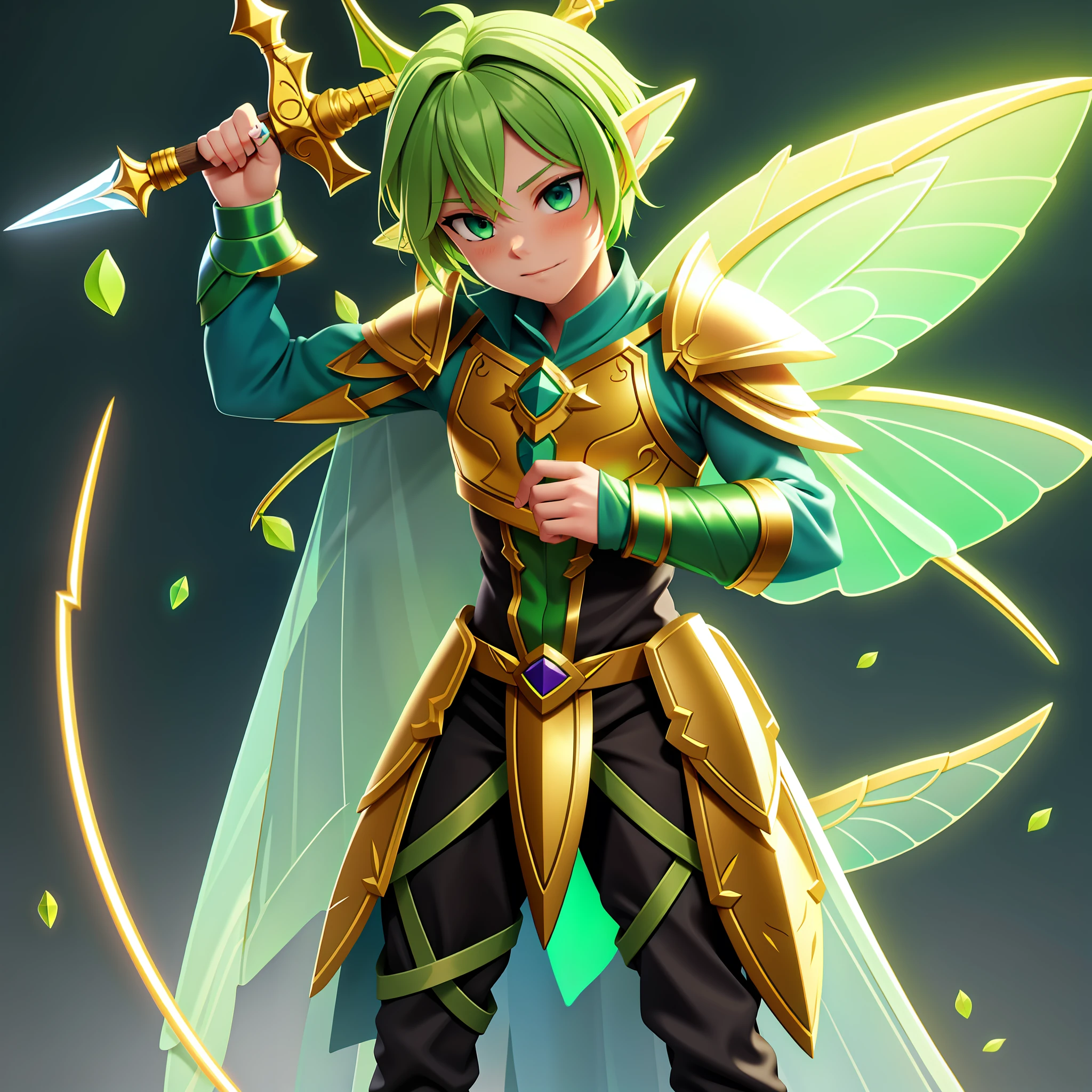 Fairy, Male, transparent green fairy wings, green lizard scales, gold armor, gold glowing sword, green lizard tail, vivid colors, masterpiece, best quality