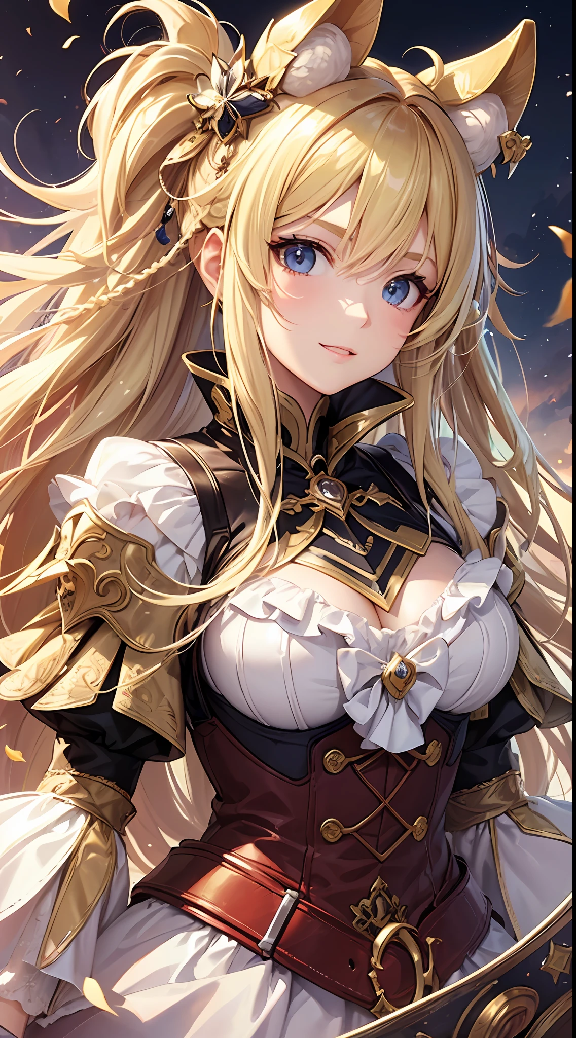 1girll，(Long fluffy blonde hair:1.6)，Knight's suit，Mature female，Rich and noble families，full bodyesbian，pastures，ride horse，ssmile, V-shaped eyebrows，Almost fell，Time is at night，looking at viewert，Ultra-detailed CG，Exquisite facial features，Clear facial expressions，Detailed digital anime art，Digital anime art，High quality anime art style