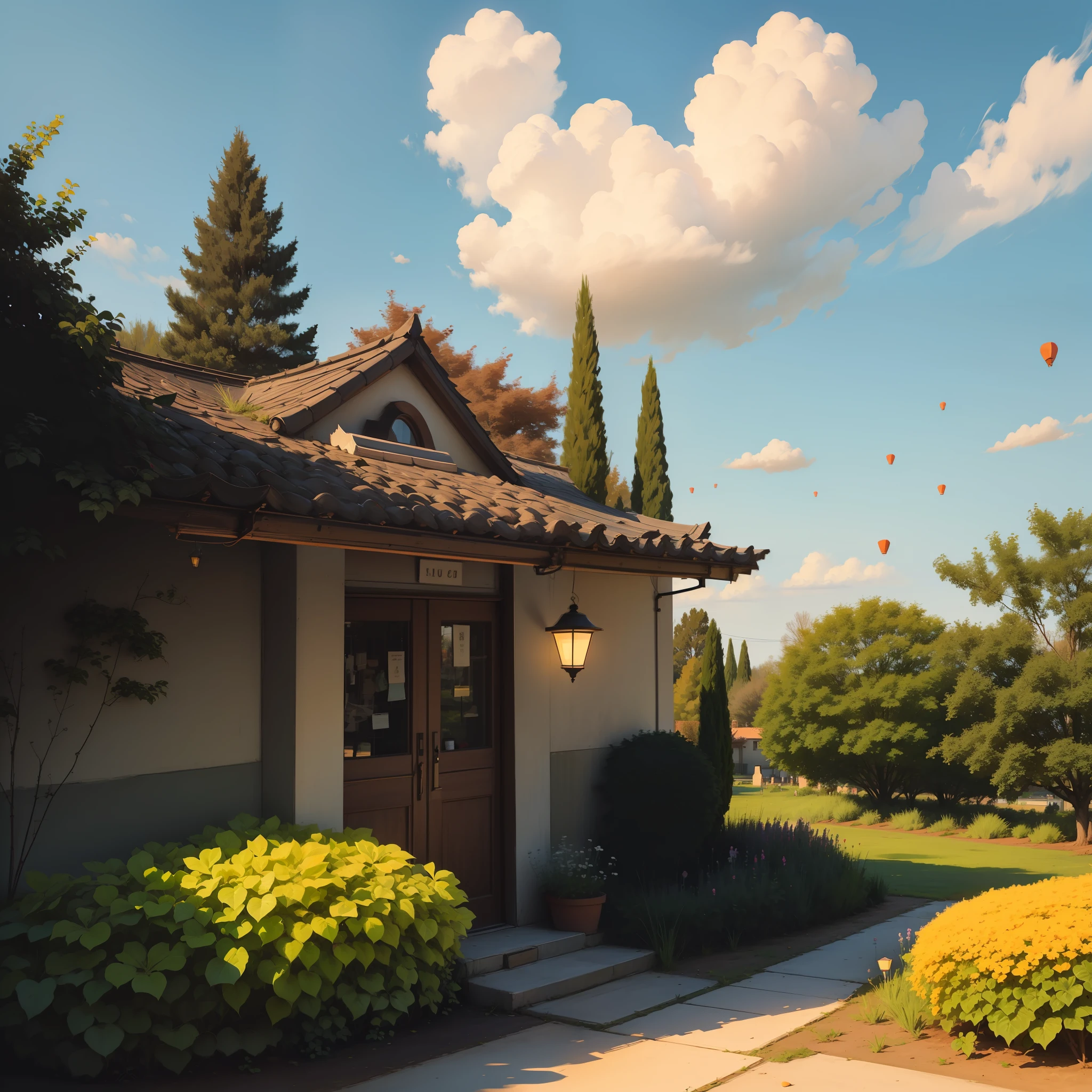 photo of landscape，style of surrealism，NOhumans，trpical garden，Shade lamp，Sky lantern，Volumetriclighting，Plant branches and leaves，color difference，lightand shade contrast， --auto