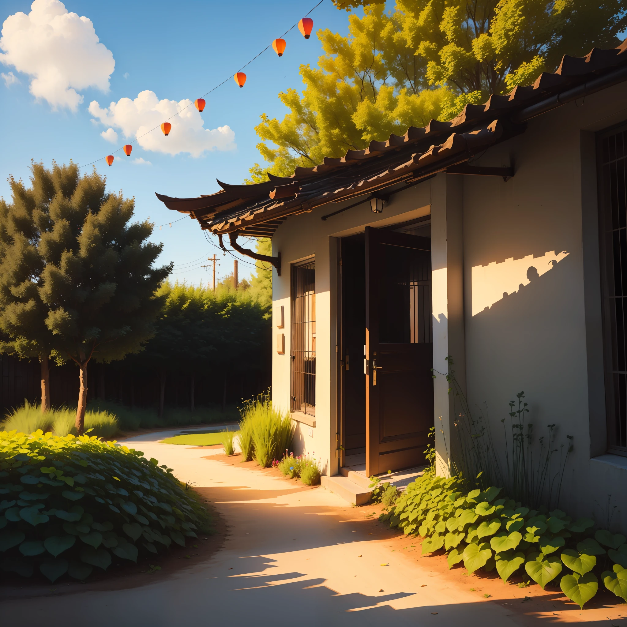 photo of landscape，style of surrealism，NOhumans，trpical garden，Shade lamp，Sky lantern，Volumetriclighting，Plant branches and leaves，color difference，lightand shade contrast， --auto