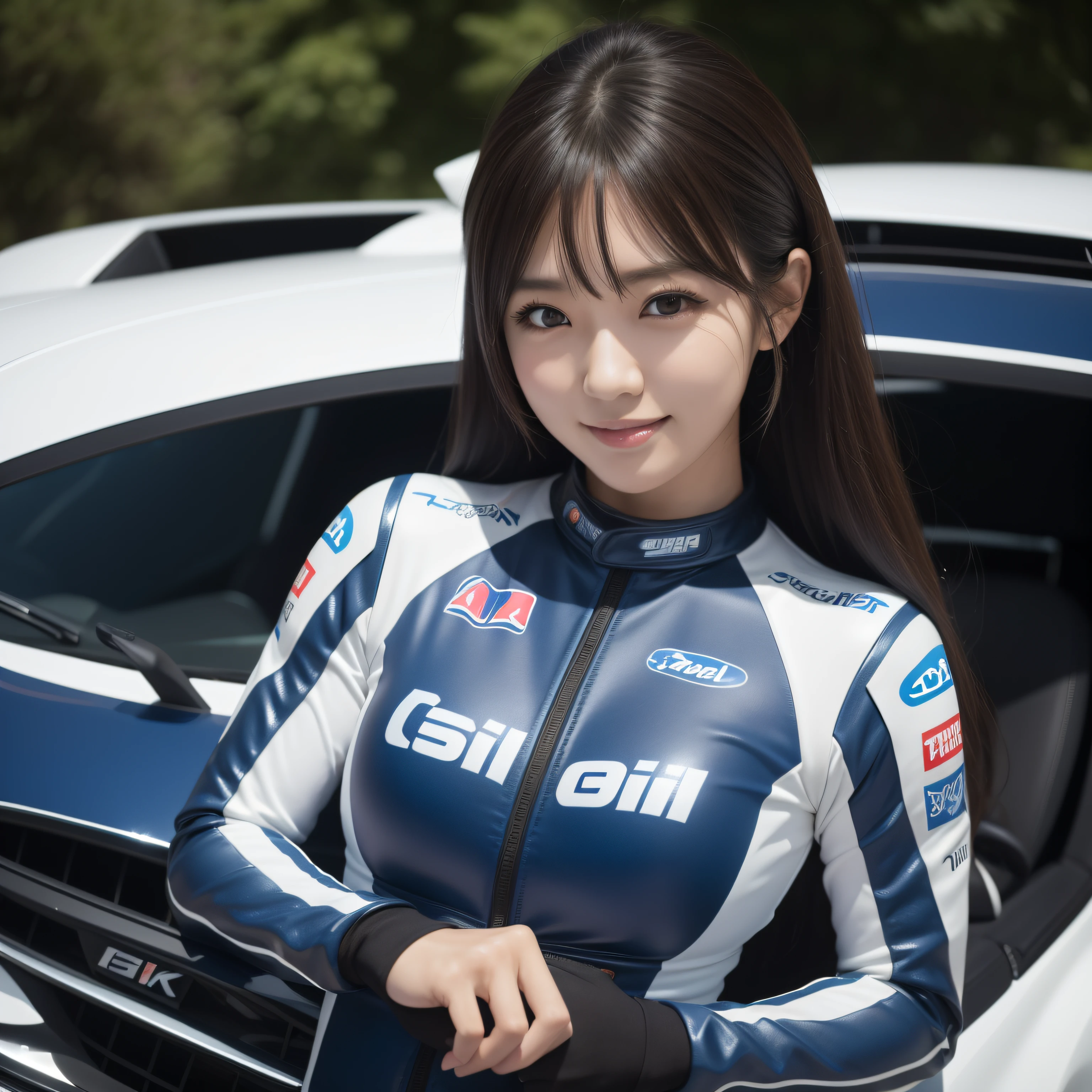 8K, masterpiece, best quality, photo realistic, ultra-detailed, 1 girl, Japanese girls, Korean idol, athletic body, realistic skin texture, long hair, (breasts:1.0), (smile:1.0), gaze at viewer, (form fitting car racing suit), (no helmet), movie lighting, face focus, fine eyes, detailed face, well lit face, day light, yellow sports car in background