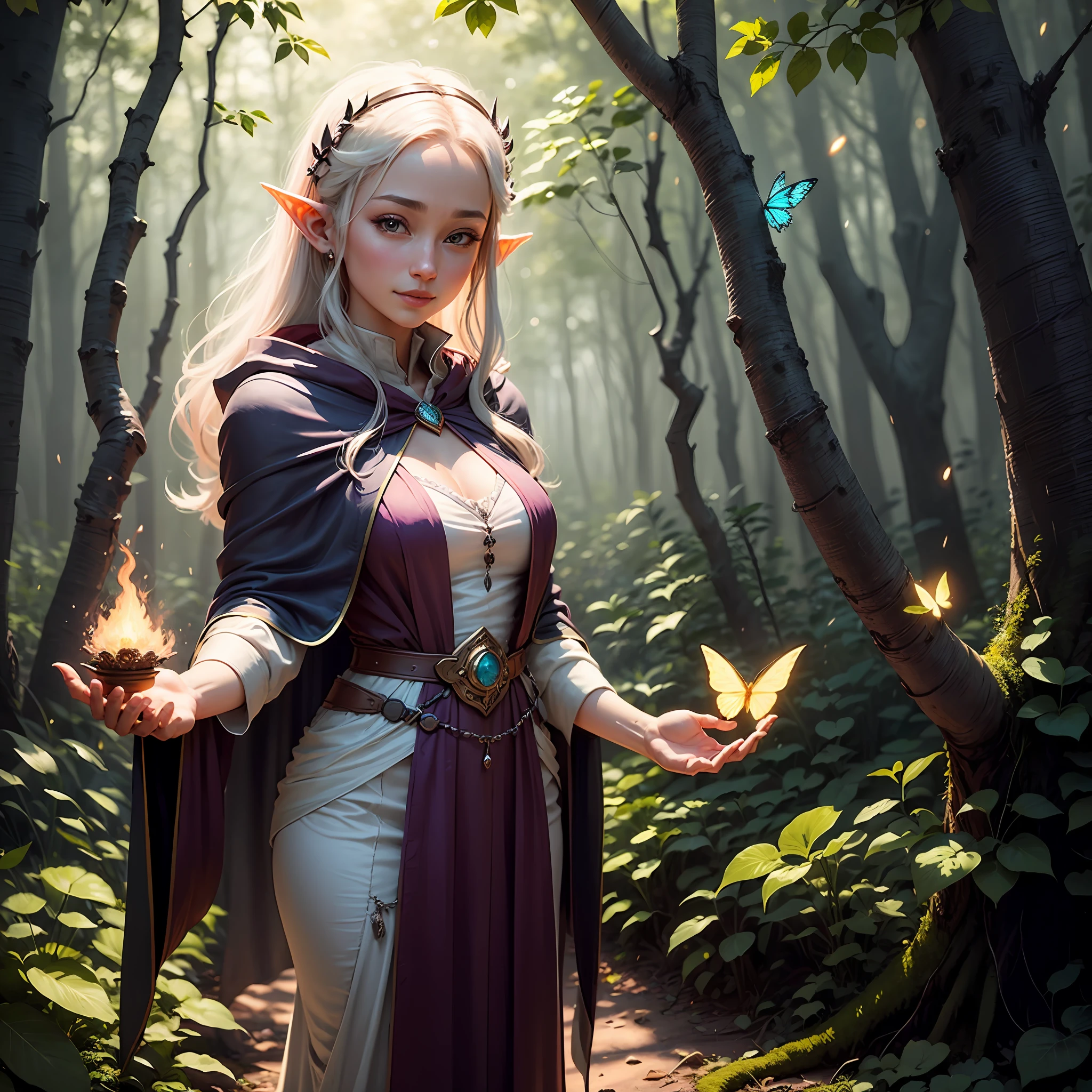 A little female elf in a dark purple cloak stands in the forest, beautiful and elegant female elf,Female elf wizard, elfic priestess,Watch the audience with beautiful elves and gorgeous robes, Portrait of a Flame Mage,epic art style,ssmile,looking toward the viewer,edge lit,Plants cover the ground,Lush forest,A butterfly that exudes a sparkling light,Fluttering tiny fireflies,A huge and ancient and mysterious cyan rain tree,The knight guarded her,Look at her,The eyes are full of love。
