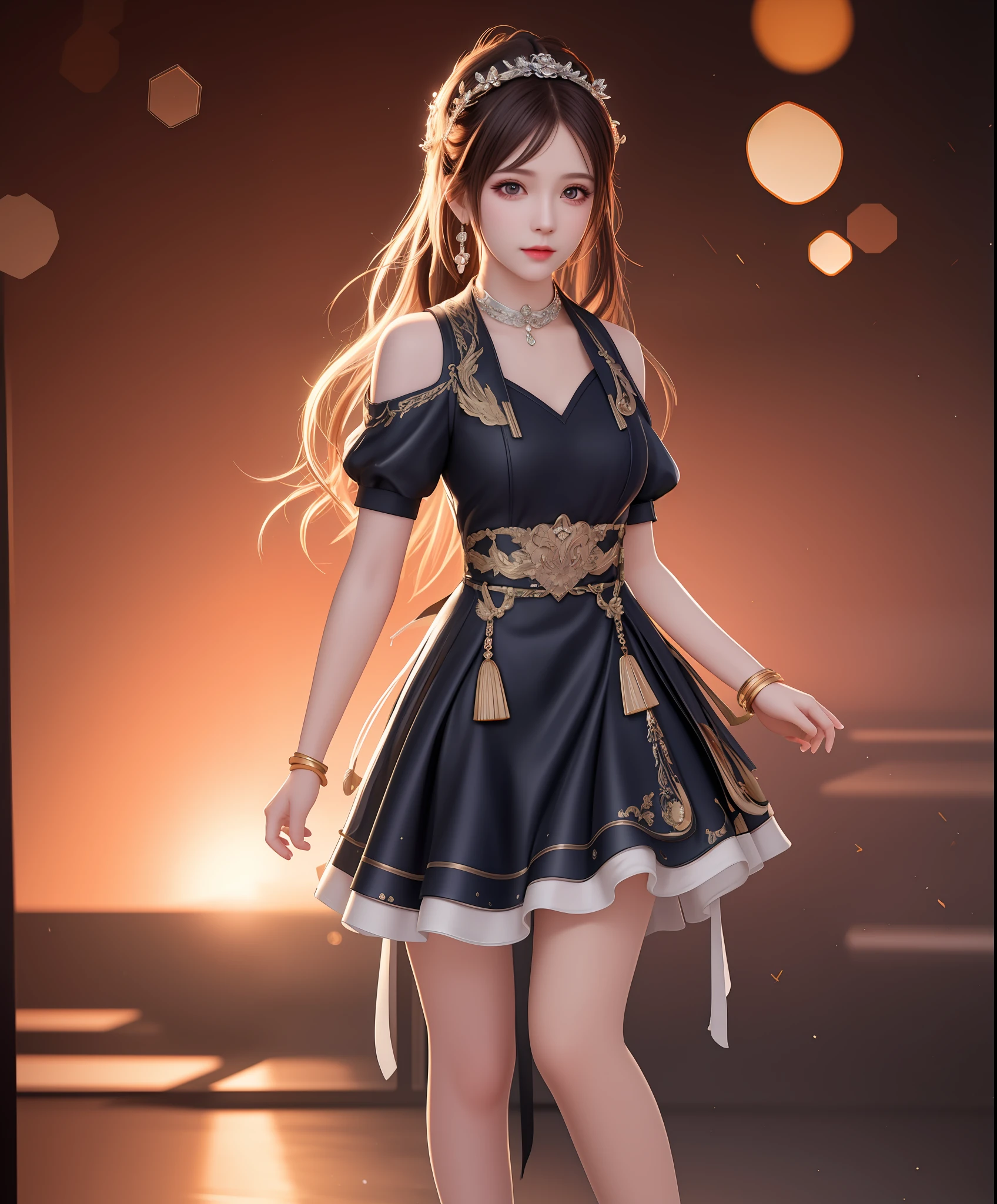 best qualtiy，tmasterpiece，A high resolution，1girl，Porcelain skirt，hair adornments，choker necklace，jewely，beautiful  face，Physically，dingdall effect，realisticlying，dark studio，edge lit，twotonelighting，（highdetailskin：1.2），8k uhd， dslr, softlighting, high high quality, volumettic light, sneak shot, photore, A high resolution, 4k, 8k, Background bokeh,ancient wind，Full body photo