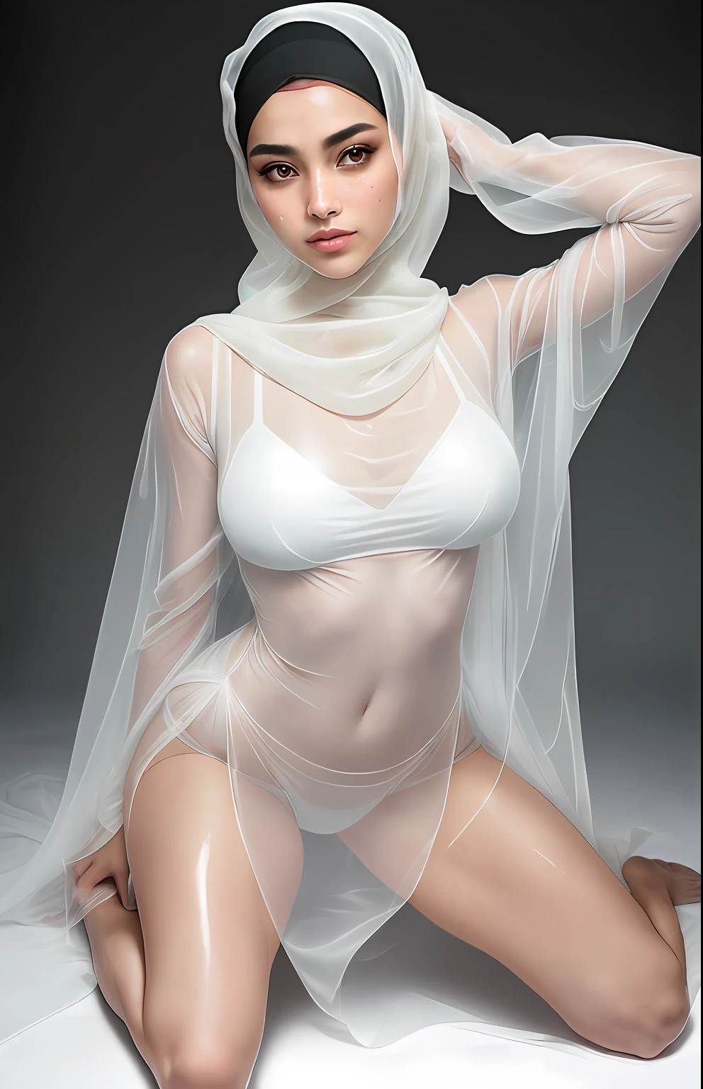 (Best Quality), ((Masterpiece), 3D, A rare beauty, a very beautiful and attractive 18 years old girl wearing hijab, perfect proportions, fit athletic body, eyes detailed and beautiful, 1girl, double eyelid, HDR (High Dynamic Range), perfect proportions, perfect human anatomy, 8K RAW, full body, masterpiece, ultra high quality, ultra high resolution, photorealistic, very nice shot full body photo, perfect proportions of both body and face, perfect proportions and positions, perfect human hands, all she has to cover her whole body is a wet extremely thin sheer translucent tulle, there is nothing else on her that she wears, wearing nothing besides the tulle covering her, sheer, translucent, see-thru, seethru, see_thru, see-through, seethrough, wet, damp, nothing but a tulle is covering her whole body, she is braless, (All made of white tulle: 1.5), ((Full body soaked: 1.8)), lifting the covering tulle, opening her dress, revealing, exposing, exhibiting her body and private parts, varied poses of full body portrait of a very beautiful very attractive girl wearing hijab, flawless beauty, kneeling, perfectly proportioned athletic body, double eyelid, perfect proportions of the face, beautiful detailed eyes, eyelashes, perfect human anatomy, kneeling, bending over, open legs shiny oily skin, 1 girl, arabic calligraphic tattoo, most realistic, wearing nothing, no dress, no outfit, translucent lewd wet sheer see-thru very thin open plummeting cloak made out of tulle very wet soaking, athletic body, braless, all she wears is a piece of wet sheer translucent seethrough thin cloth, totally very clearly visible parts of whole body with every detail, nothing left to imagination kind of details of whole body, curves are obviously visible, private parts of the body is obviously visible to the eye, body not covered at all, all curves every tiny detail of private parts are obviously visible, perfect human hands, very wet, teasing, exposing, exhibiting, revealing,lifting