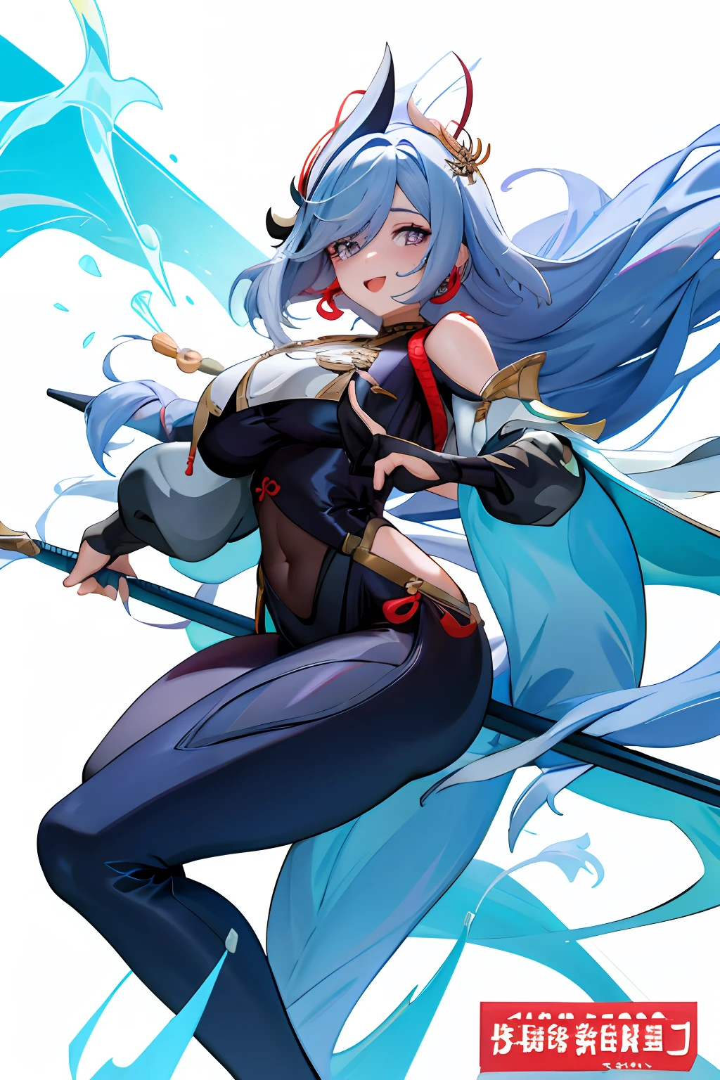 shenhe,busty figure，having fun，cropped shoulders，The middle of the chest is open，Black silk jumpsuit，big assa，exposing her chest，Exposing the abdomen，Fleshy thighs，Comic cover style，Comic title, High- sharpness， high high quality， 详细的脸， detailed body render