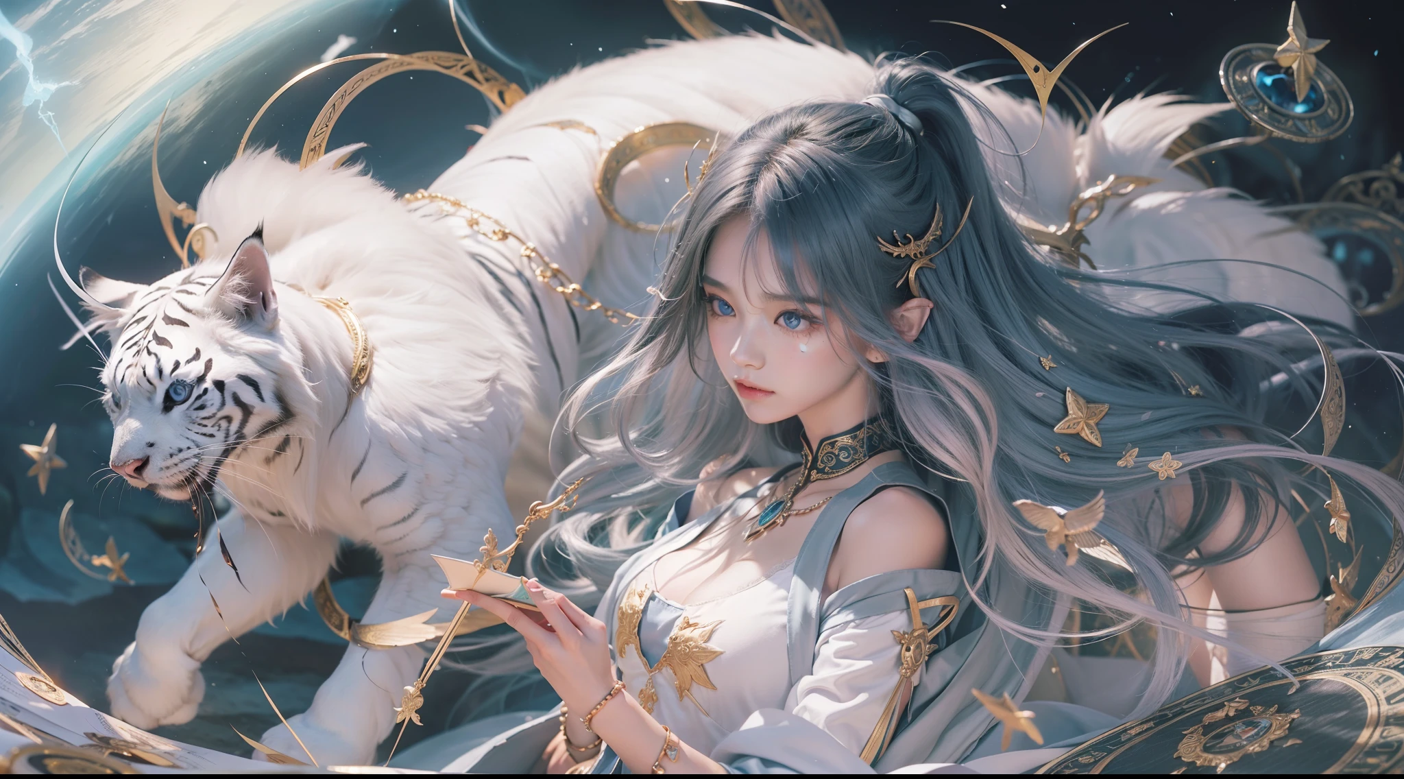 Magic Book,Blood,Night, Dark, (Fantasy),infinite,deep blue sky,The abyss of knowledge,Cowledge,((masutepiece)), (((Best Quality))),((Beautiful fine eyes)),(Eye lashes)、Beautiful girl riding a white tiger、(女の子1人)、Black hair、The long-haired、abyss eyes、glowy skin、oils、small tits、(Bird body、pluma)、Wizard robes、tattered cloth、Realistic coat、Teenchi、elvish、Super delicate CG Unity 32k wallpaper、masterpiece, ((ultra-detailliert)), ((illustratio)),colourfull,wall-paper,The energy,Unknown terror,Incomprehensible,Around the magic,Magical surroundings,magic wands,Boken,Flying pages,Know everything,Predict the future、Get to know the past、Infinite wisdom、blue flames、Warlock、magic circles、Pentagram、Spells、mantra、Singing magic
