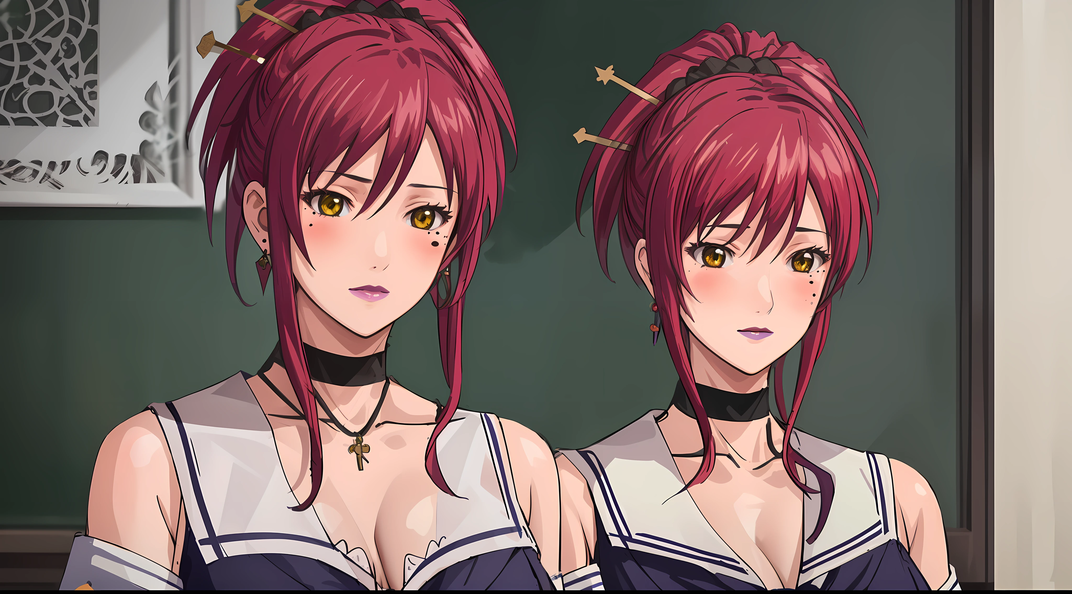 (Masterpiece, Best Quality, High Quality:1.4), professional artwork, Intricate Details, field of view, sharp focus, detailed painting, photorealistic lighting, trending on pixiv, face shot, (vivid lighting, vibrant colors:1.05), realistic shadows, ambient occlusion,
Marie Mamiya, mature female, milf, solo, (curvy:1.1), luxury room, (half body shot:1.1),
(red hair:1.05), hair ornament, lipstick, makeup, (mole under eye:0.9), choker, ultra detail hair, ultra detail face, (yellow glowing eyes:1.05), perfect eyes, perfect face, perfect retina, earrings, (seductive look, blush:1.15),
(school_uniform:1.4), choker, bare shoulders, necklace, fingernails,
(Large Breasts:1.15), Cleavage,