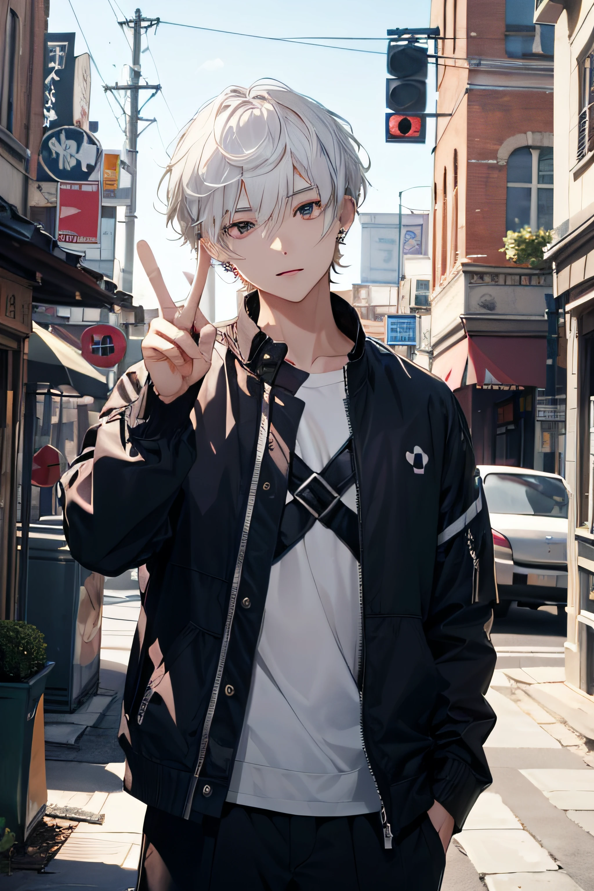 (absurdres, highres, ultra detailed, HDR), masterpiece, best quality, a boy, solo, handsome, short hair, white hair, finely eye and detailed face, casual clothes, real shadow, lift hand in peace sign, joyful, ear piecing,