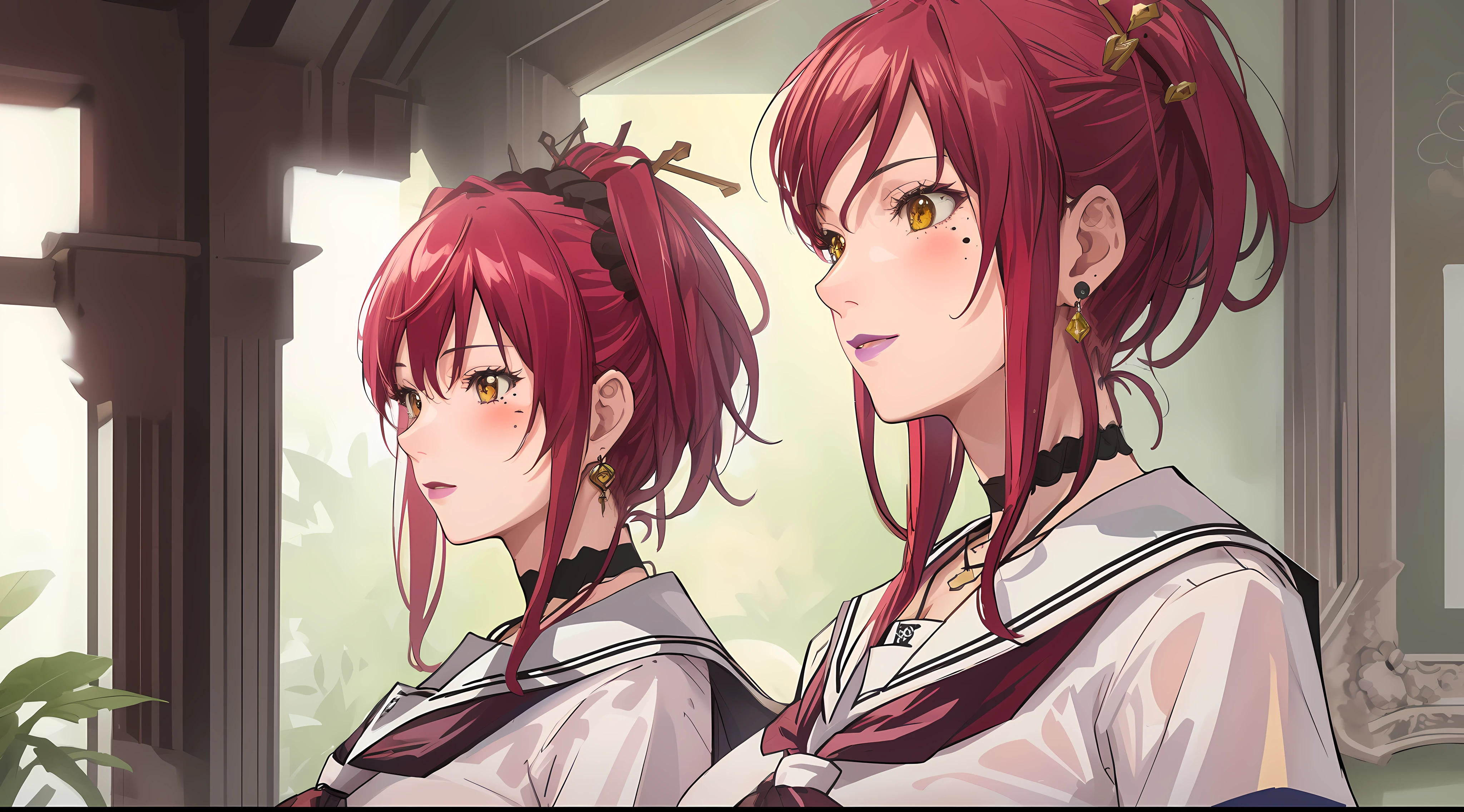 (Masterpiece, Best Quality, High Quality:1.4), professional artwork, Intricate Details, field of view, sharp focus, detailed painting, photorealistic lighting, trending on pixiv, face shot, (vivid lighting, vibrant colors:1.05), realistic shadows, ambient occlusion,
Marie Mamiya, mature female, milf, solo, (curvy:1.1), luxury room, (half body shot:1.1),
(red hair:1.05), hair ornament, lipstick, makeup, (mole under eye:0.9), choker, ultra detail hair, ultra detail face, (yellow glowing eyes:1.05), perfect eyes, perfect face, perfect retina, earrings, (seductive look, blush:1.15),
(school_uniform:1.4), choker, bare shoulders, necklace, fingernails,
(Large Breasts:1.15), Cleavage,