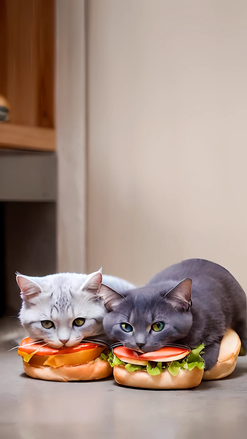 catss、(Russian Blue)、(((Has a small)))、(((Sandwiched between hamburger buns as an ingredient)))、Putting out the front paws、8k、professional photograpy、delicate、vivid、in a house、Sheer sunlight、Light leak、masterpiece、(((lovely)))、(reality)、plushies、Round pupils、((Looks delicious))