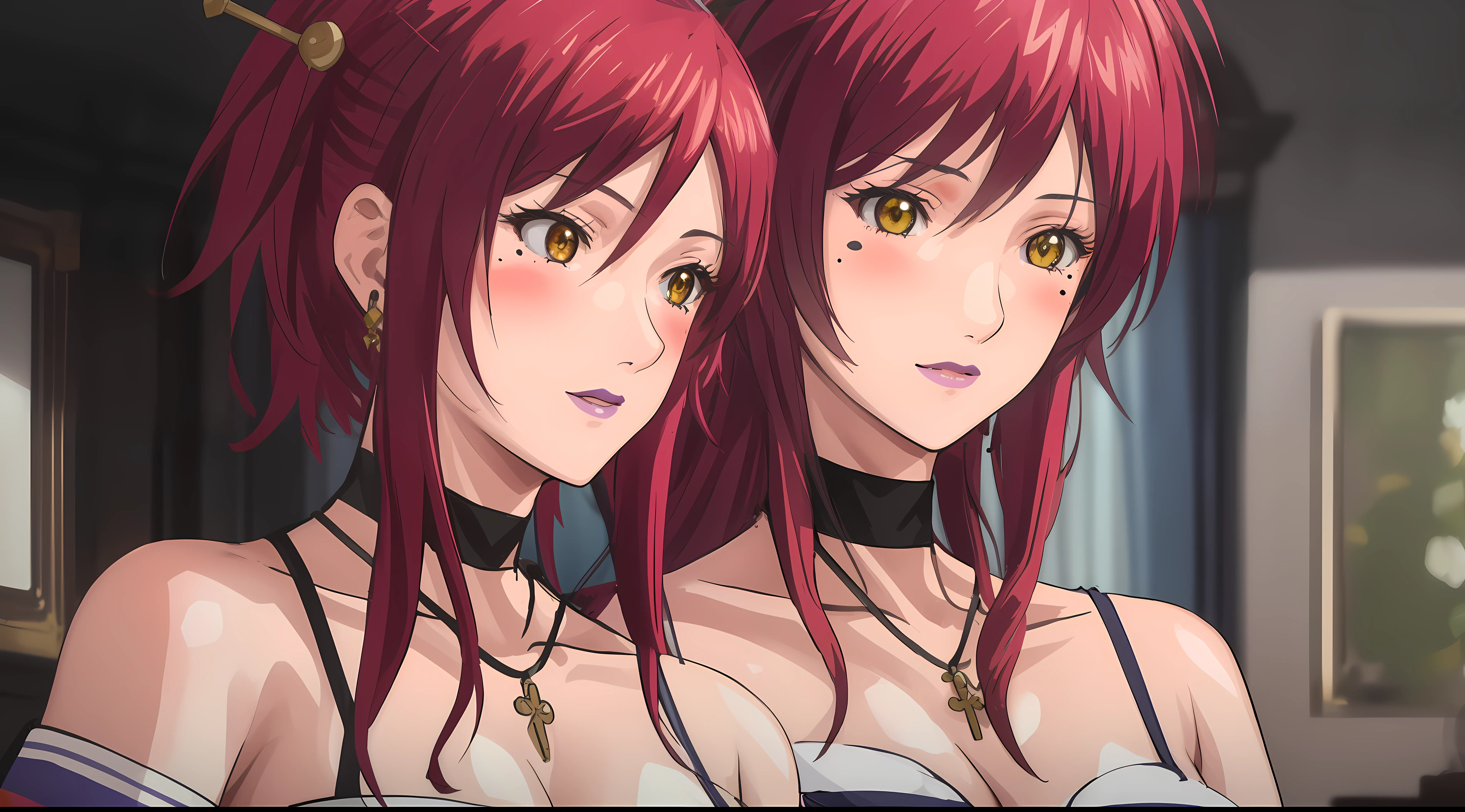 (Masterpiece, Best Quality, High Quality:1.4), professional artwork, Intricate Details, field of view, sharp focus, detailed painting, photorealistic lighting, trending on pixiv, face shot, (vivid lighting, vibrant colors:1.05), realistic shadows, ambient occlusion,
Marie Mamiya, mature female, milf, solo, (curvy:1.1), luxury room, (half body shot:1.1),
(red hair:1.05), hair ornament, lipstick, makeup, (mole under eye:0.9), choker, ultra detail hair, ultra detail face, (yellow glowing eyes:1.05), perfect eyes, perfect face, perfect retina, earrings, (seductive look, blush:1.15),
(school_uniform:1.4), choker, bare shoulders, necklace, fingernails,
(Large Breasts:1.15), Cleavage,