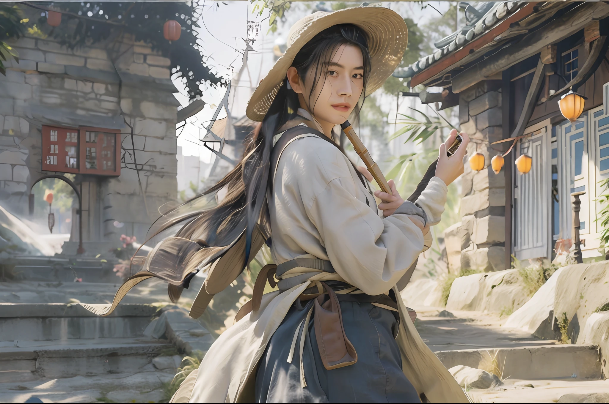 1. Handsome chivalrous man，Bunched hair，hair-bun，Playing the flute，Fluffy cotton coat, Fluffy cape, linen_clothes, Bamboo_Hat, yuki, Ancient Chinese fortress background, castle wall, （strong winds：1.5），Ultra-detailed face and eyes，16k，best qualtiy，bokeh，softlighting，Natural lighting，