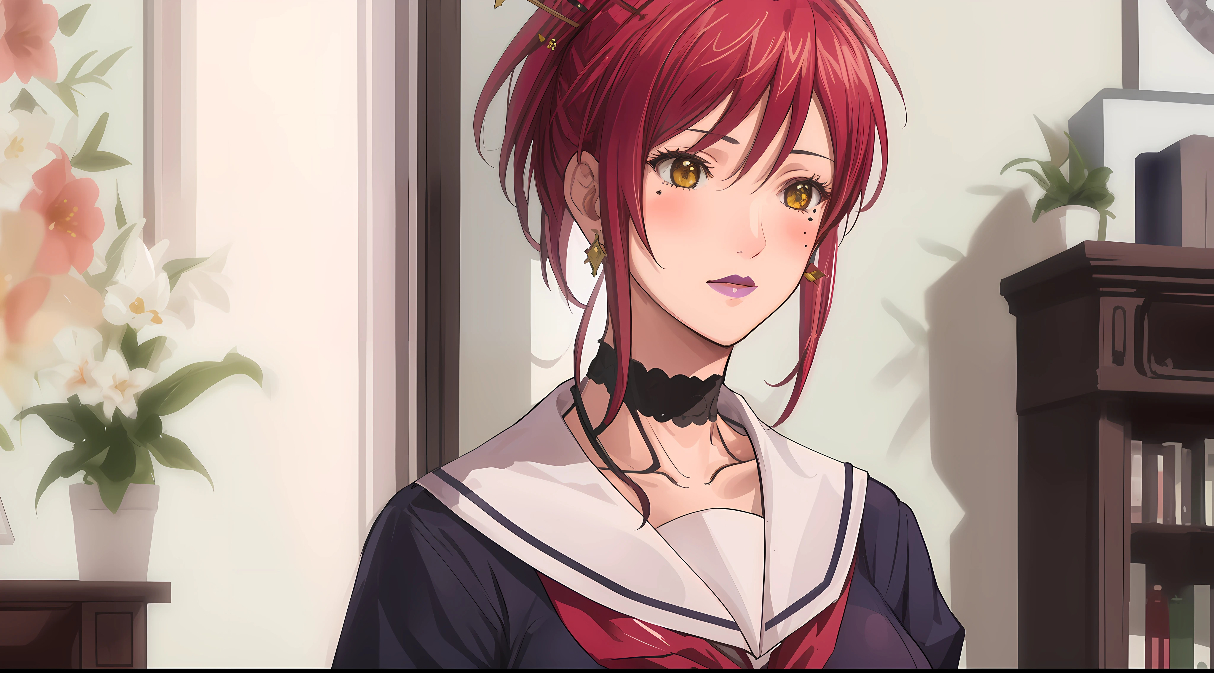 (Masterpiece, Best Quality, High Quality:1.4), professional artwork, Intricate Details, field of view, sharp focus, detailed painting, photorealistic lighting, trending on pixiv, face shot, (vivid lighting, vibrant colors:1.05), realistic shadows, ambient occlusion,
Marie Mamiya, mature female, milf, solo, (curvy:1.1), luxury room, (half body shot:1.1),
(red hair:1.05), hair ornament, lipstick, makeup, (mole under eye:0.9), choker, ultra detail hair, ultra detail face, (yellow glowing eyes:1.05), perfect eyes, perfect face, perfect retina, earrings, (seductive look, blush:1.15),
(school_uniform:1.4), choker, necklace, fingernails,
(Large Breasts:1.15)