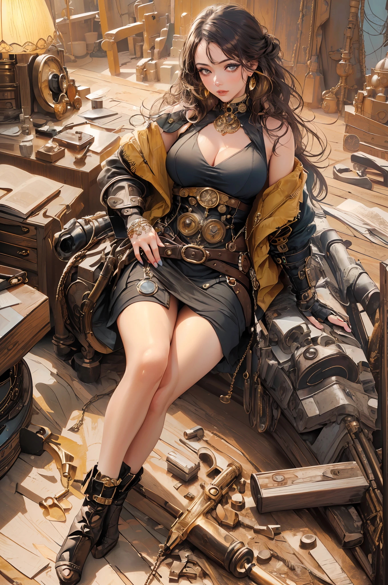 (1girl:1.3), looking at viewer, (steampunk suggestive clothes, Maven, Average Height, Toned, Round Face, Olive Skin, Brunette Hair, Blue Eyes, Wide Nose, Full Lips, Receding Chin, Long Hair, Straight Hair, Wavy Updo, soft sagging breasts, Threader earrings, golden, matte lipstick,steampunk metropolis),(masterpiece, best quality, detailed shiny skin:1.2), flawless, 8k, RAW, highres,absurdres,