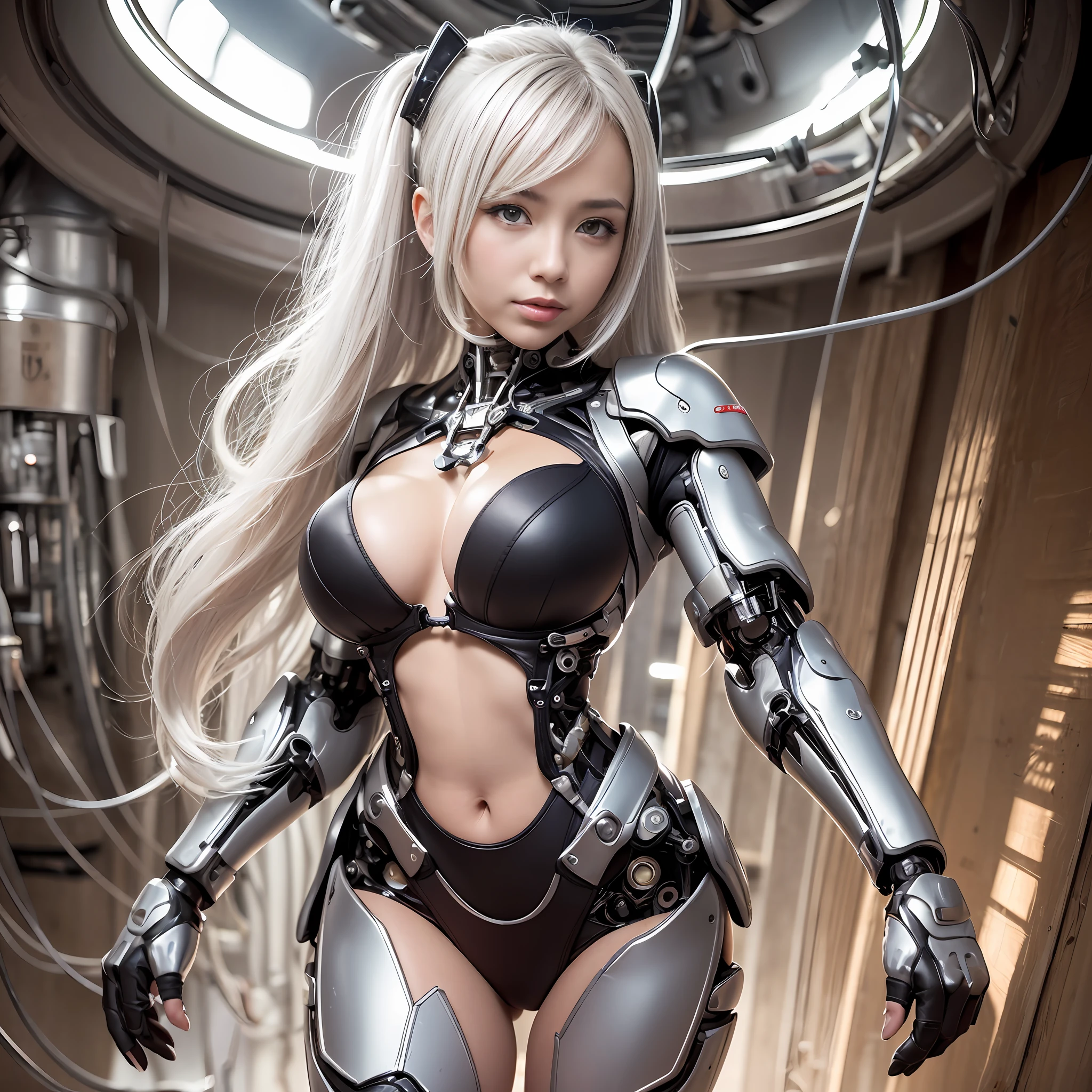 Beautiful Face,face is Japan, 1 Woman, Big, Curvaceous, (16k, RAW photo, top quality, masterpiece: 1.2), (HDR, Realistic, Photorealistic: 1.37) (tube attached to the body), (Bikini Cyborg robot parts)))), (light gray hair), Long hair, Wavy hair, Twin tails, Medium shot, ( Seductive smile)), (black eyes), double eyelids, princess cut, from below, (whole body),posing,,in the lab,( tube connected to blood vessel),((mechanical vertebrae attached to the back)),((mechanical neck attached to the neck)),(wire and cable attached to head and body),(character focus),science fiction,perfect female figure,perfect anatomy, hyperanatomy, full body shot, relationship between up to 4 fingers and 1 thumb, spherical joint,