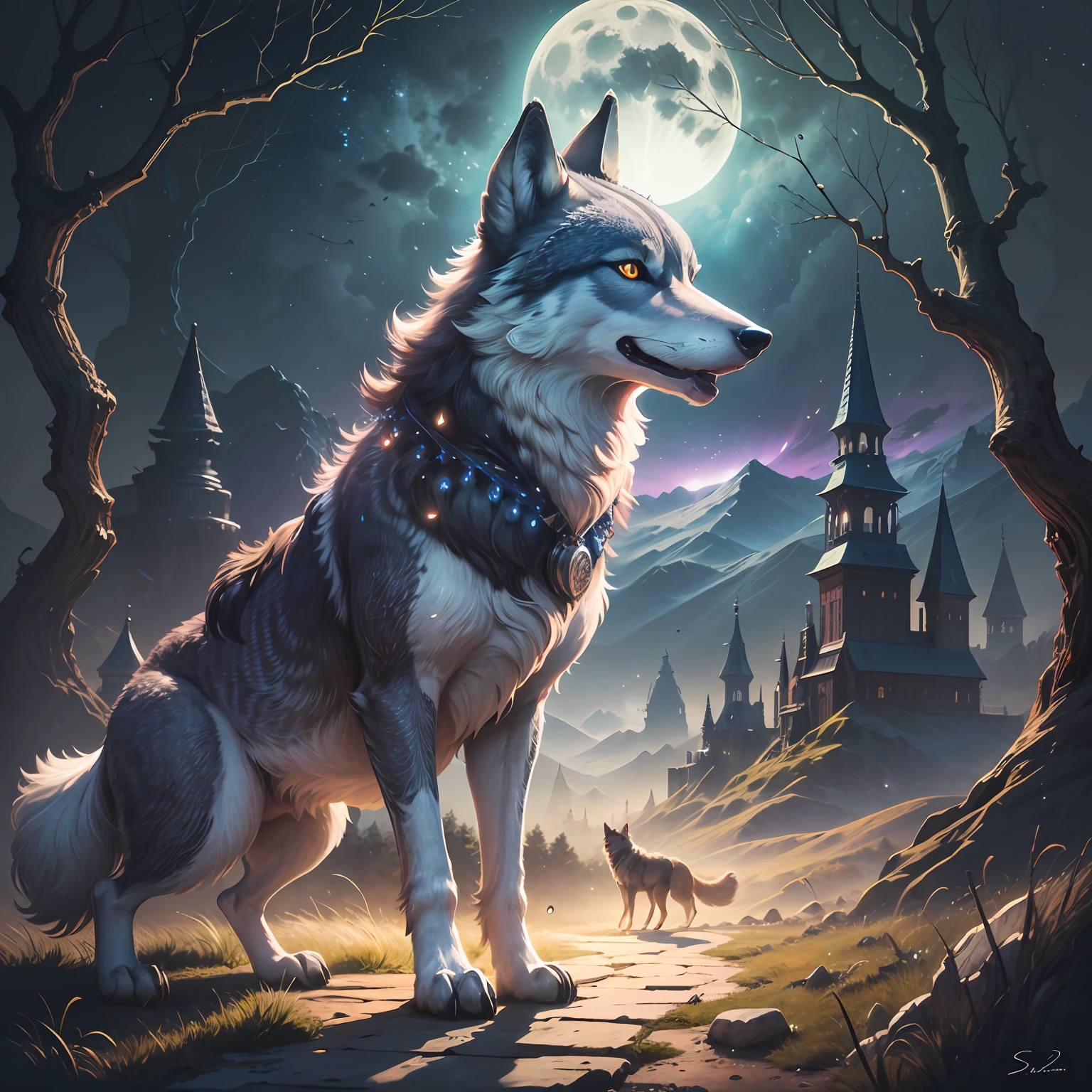 a  wolf in a surreal fantasy landscape, moonlit night, two moon, intricate details, realistic texture --auto --s2