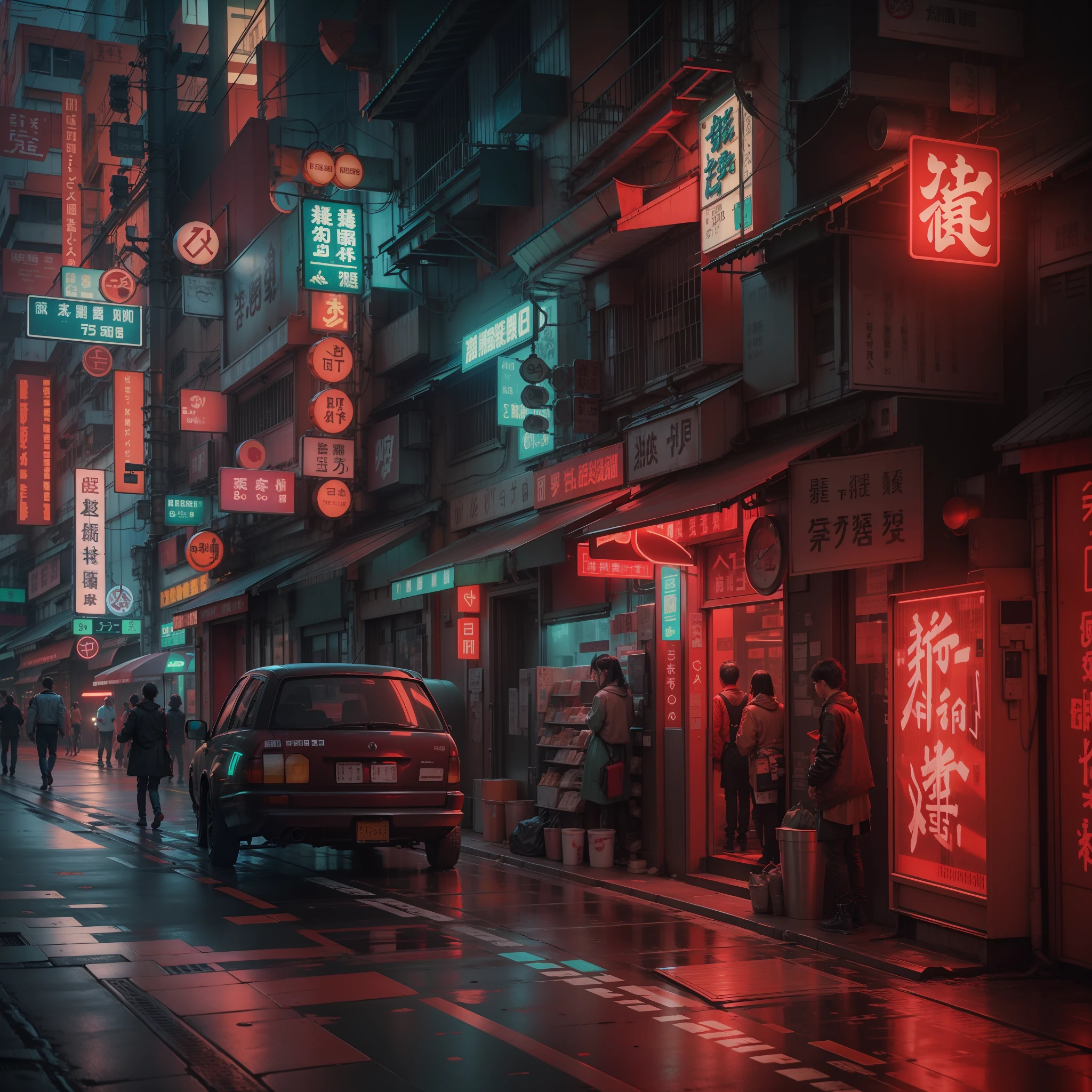 cyber punk perssonage, hong kong, neonlight, Signboards in various colors, Red House Building, Modern age city, pedestrians, Red street lights, Ray traching, Authentic texture, photore, Fujicolor, reflection light, cinematic lighting, 135mm, Sony FE, UHD, masterpiece, high details, best quality, highres, 8k