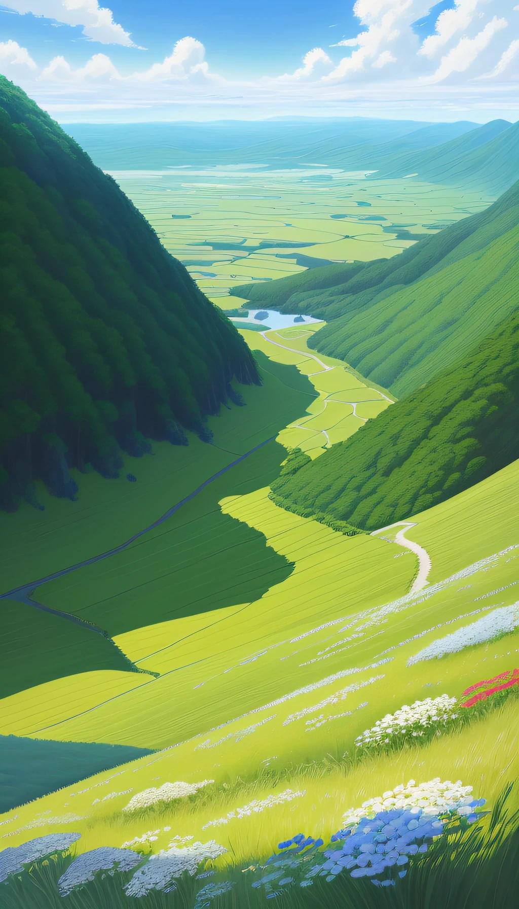 Realistic, authentic, beautiful and amazing landscape oil painting Studio Ghibli Hayao Miyazaki's petal grassland with blue sky and white clouds --v6