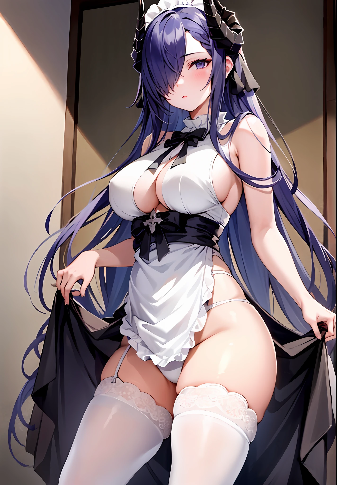masterpiece,1girl,solo, purple hair,hair hair over one eye,horns,maid apron, center opening, bare shoulders, closed mouth, white white legwear,