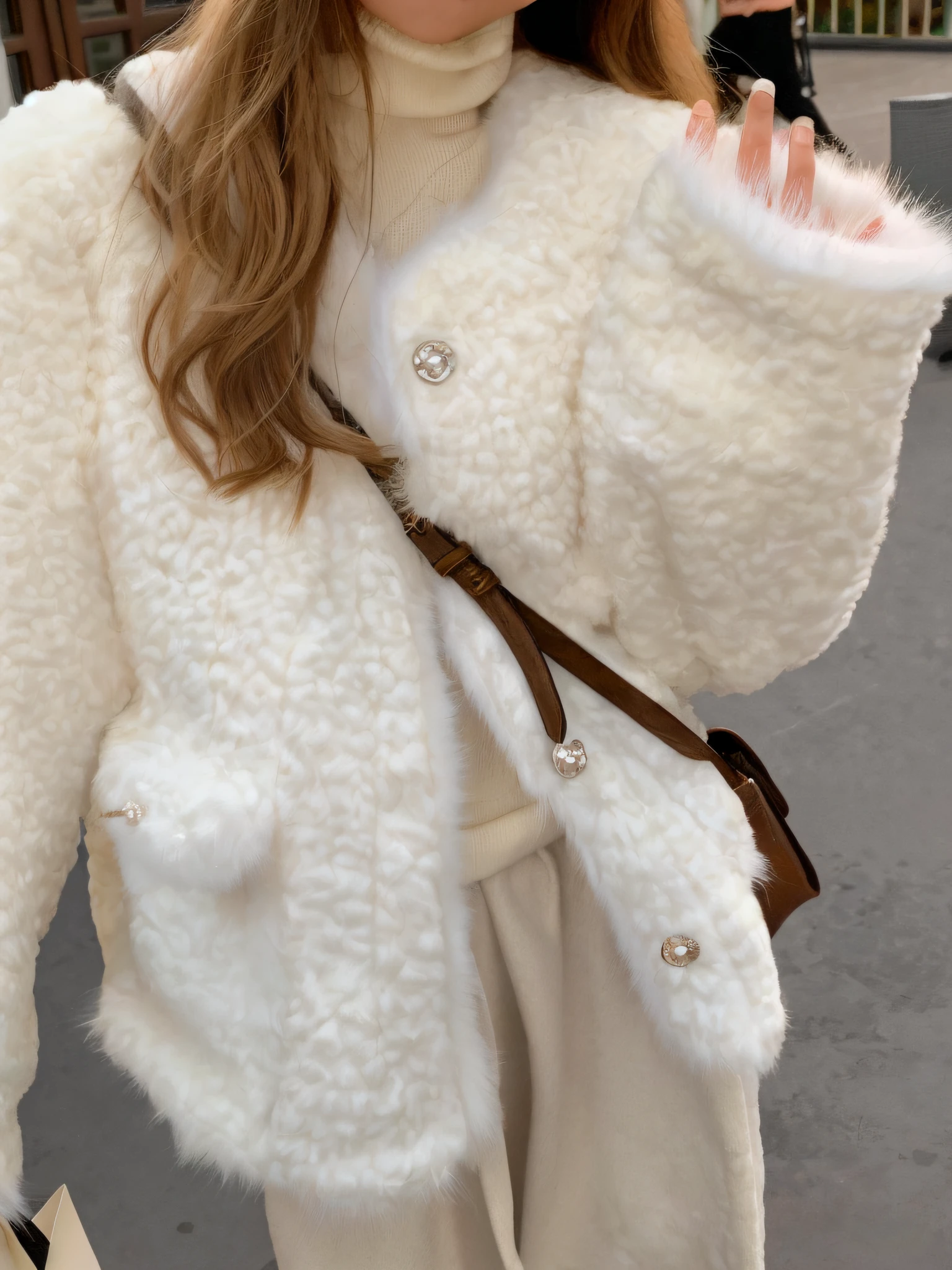 Araki woman in white coat and hat holding a cell phone, Fur jacket, fluffy fluffy fur, Detailed white fur, Blur details, White fur, with white fluffy fur, Fluffy, Fur coat, cute details, fluffy white fur, shaxi, Short coat, cozily, soft - warm, Soft and warm, Jacket, Adorable, White jacket