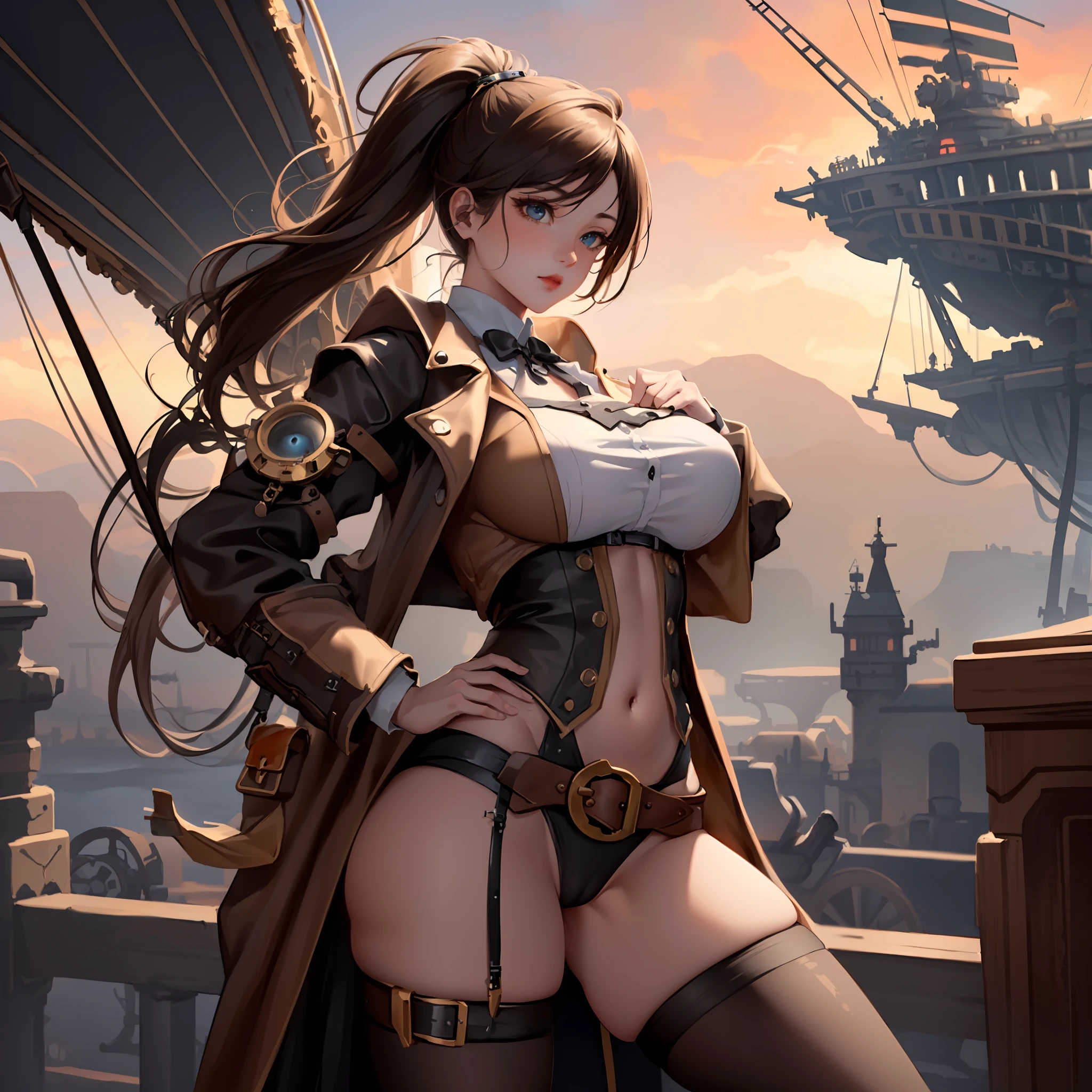 1 young beautiful girl,dynamic pose, random hair color, random eye color, tenebrism art style painting,(((oil on canvas))),(((natural sagging breast,cameltoe,steampunk airship background landscape,full steampunk clothes intricade detail))), WLOP, sakimichan, stanley artgem lau,, hyperrealistic,trending on Artstation, Unreal Engine 5, 8k,concept art, insanely detailed, symmetrical, octane render, artistic, cinematic, ultra sharp focus, highly detailed, vibrant soul, perfection