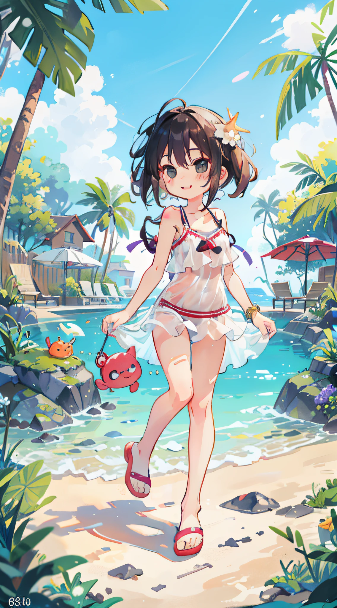 Pool party，18-year-old girl wearing a swimsuit,Wearing a swimming ring,playing at swiming pool，Wear conservatively，ssmile，Playful，sand beach，（Swimming pool），Blue sky，Clouds，beach loungers，Floral，Ocean，swim ring，slippers，[crabs]，[starfish]，[coconut palm:1.2]，[[[beach umbrella]]]，（Plain background），full framing， Dreamlike， freshen， Bubble Mart， Vivid colors， Fine gloss，aquarelle， Pastel colors， cinematic textures， Medium close-up， high detal，quality，best qualtiy，8K