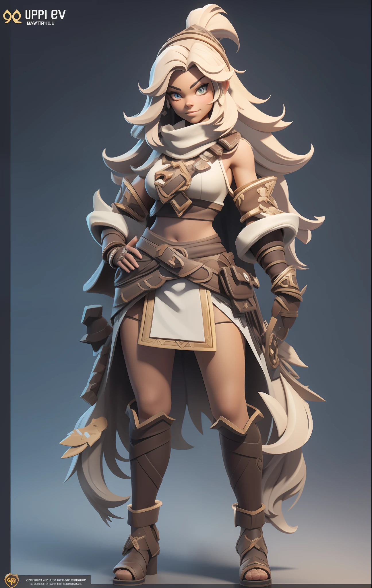 1 beautiful long-haired girl，Full body like，（European and American cartoon Q version，3D model rendering，Primitive barbarian style），Floral decoration，Barbarians，Clash Royale style，Cartoon model rendering，low poly，highly details eye、beauitful face，Mini Dwarf，Complicated details，Full body standing painting，white backgrounid，tmasterpiece，best qualtiy，Best resolution，8K