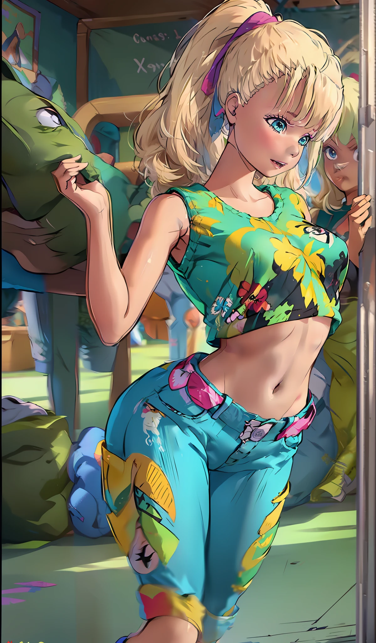 Margot Robbie como Barbie, muito sensual, com roupas de funkeira, brasileira, na cidade do rio de janeiro, Brasil, dancing funk, rebolando, bunda grande, pernas grossas, usando um short jeans extremamente curto, usando uma mini blusa, umbigo com pirsing, sneakers Nike, cabelo comprido, Speaker behind, corpo inteiro, muito realista, extremamente sexy, 8k, 8k extremamente detalhado), (um extremamente delicado e bonito), (obra-prima), (melhor qualidade: 1.0), (ultra highres:1.0)