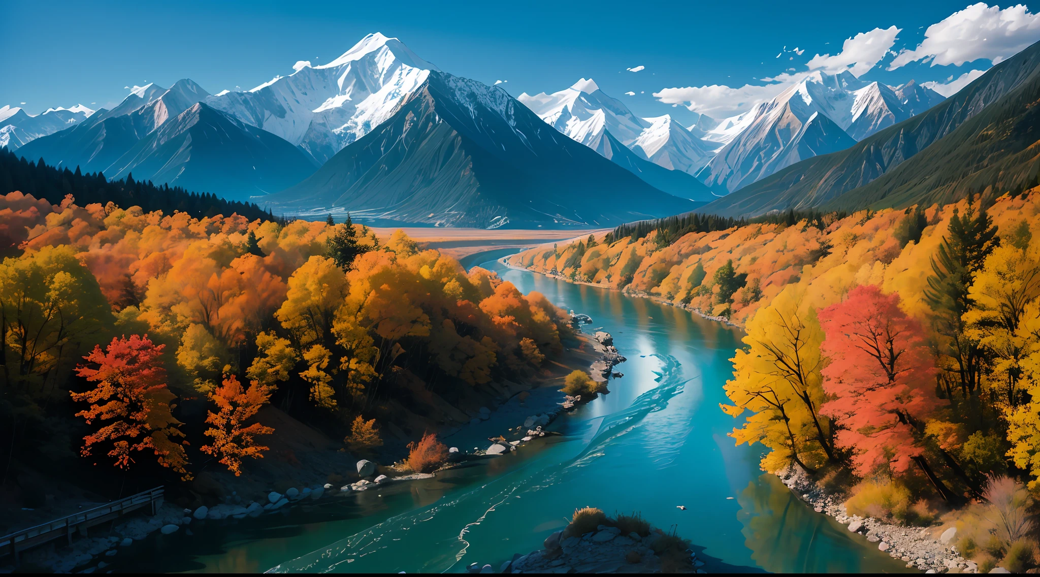 A river with mountains as a backdrop,A matte painting by Kiyomitsu Torii,Shutter competition winner,color drain,Terrain,Photos taken with ektachrome,vivd colour