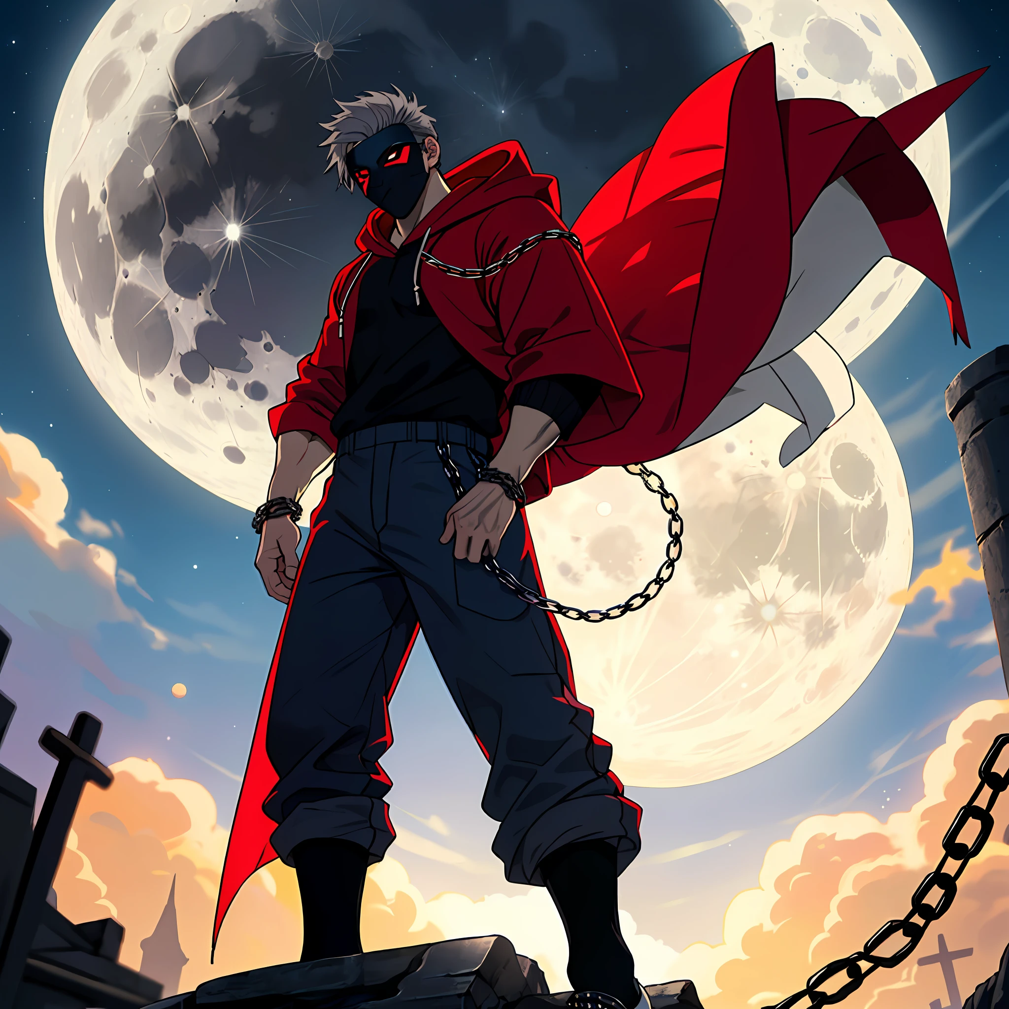 a Strong male，Thief costume，Delicate muscle lines，Bulge，There is the moon behind it，grey shirt，(Dark blue socks: 2.0)，standing on your feet，Dark red robe，Cover half of your face，Hood，mask, grey pants，(Wearing a lot of chains: 1.8)，expressiveless，Red sword，Gray hair，Look ahead，perfect eyes，Perfect work，Correct anatomy, light particules