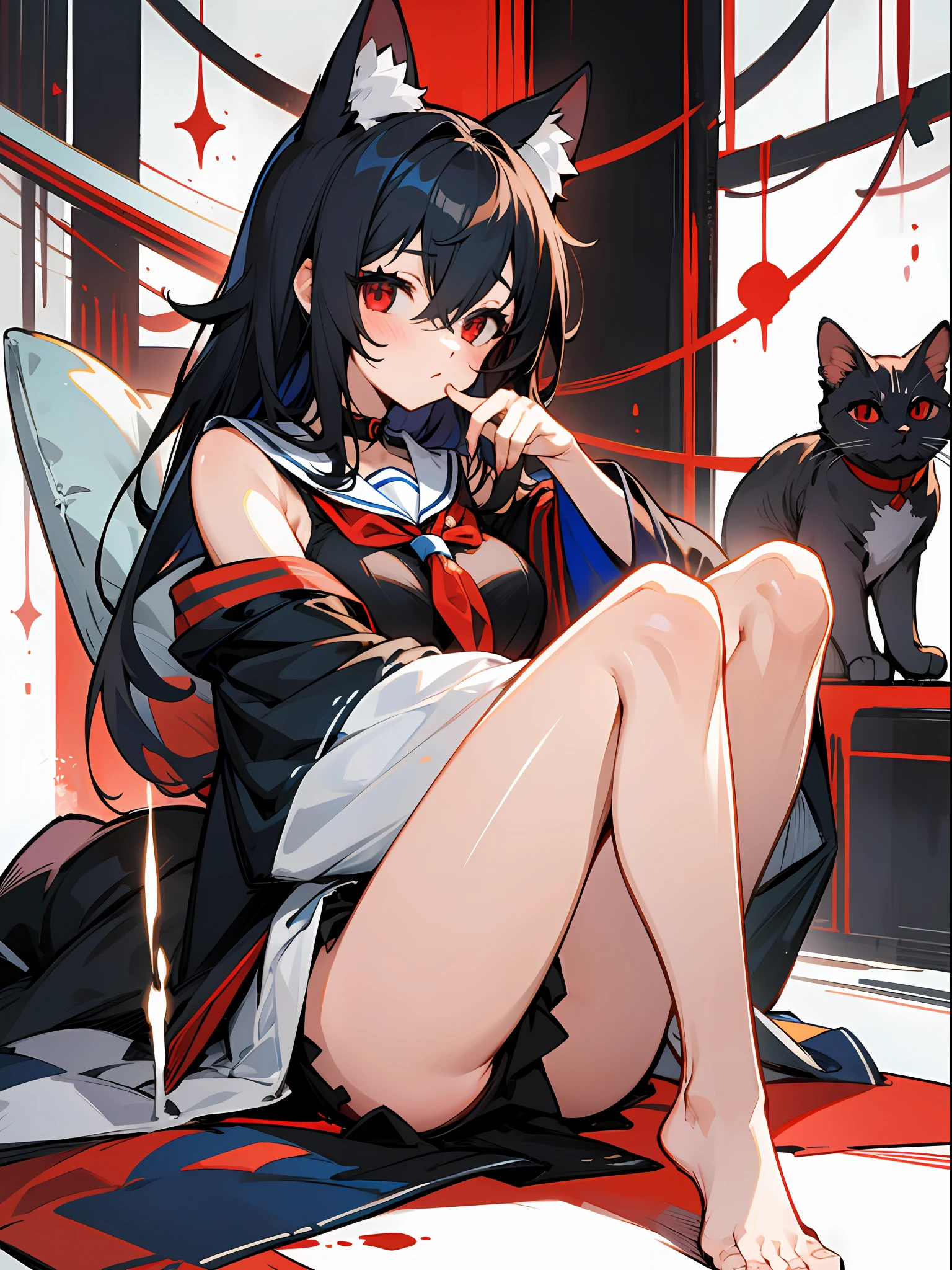 full body ,white background ,1girl ,bare shoulders ,black hair ,red eyes ,long hair ,wide sleeves ,bare legs ,bare feet ,sailors shirt ,hair between eyes ,big breasts ,li ,chcat ears