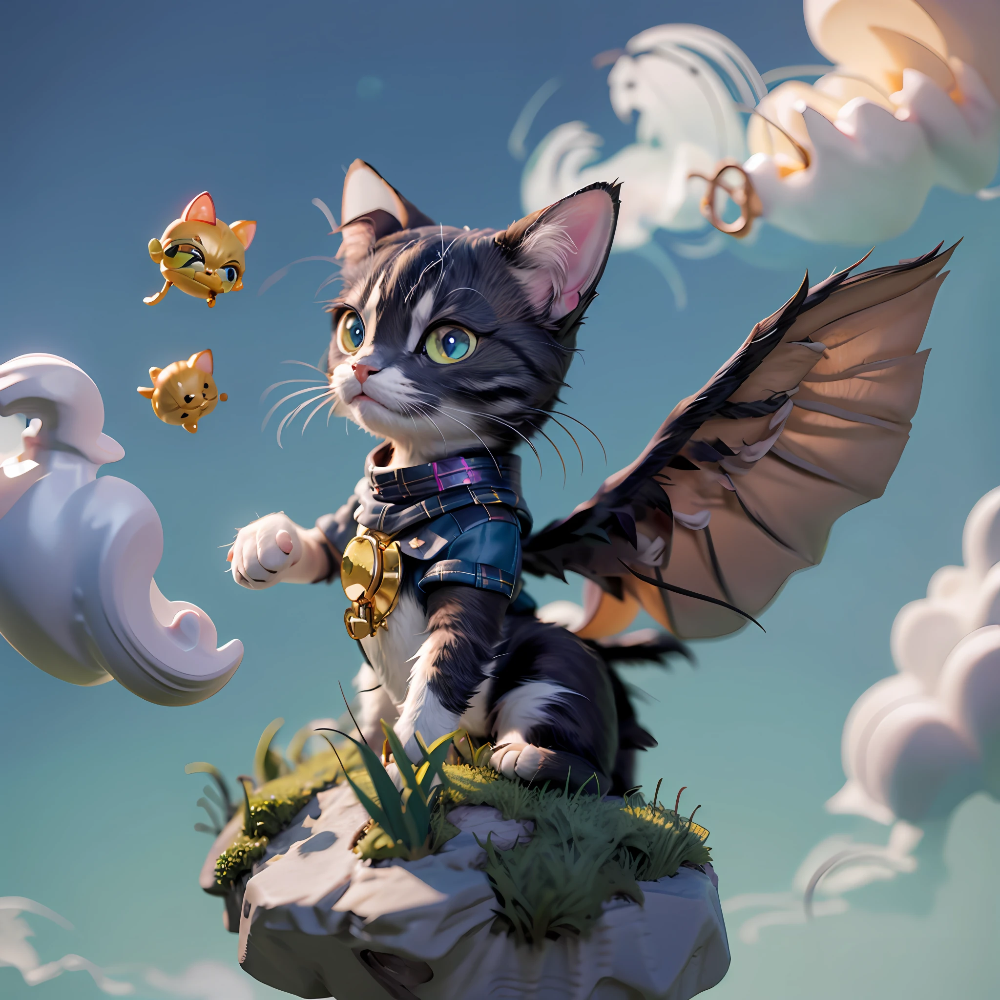 vibrant colors,A cute puppet cat with wings on its back flies in the sky，One tail，eine Katze，four legged