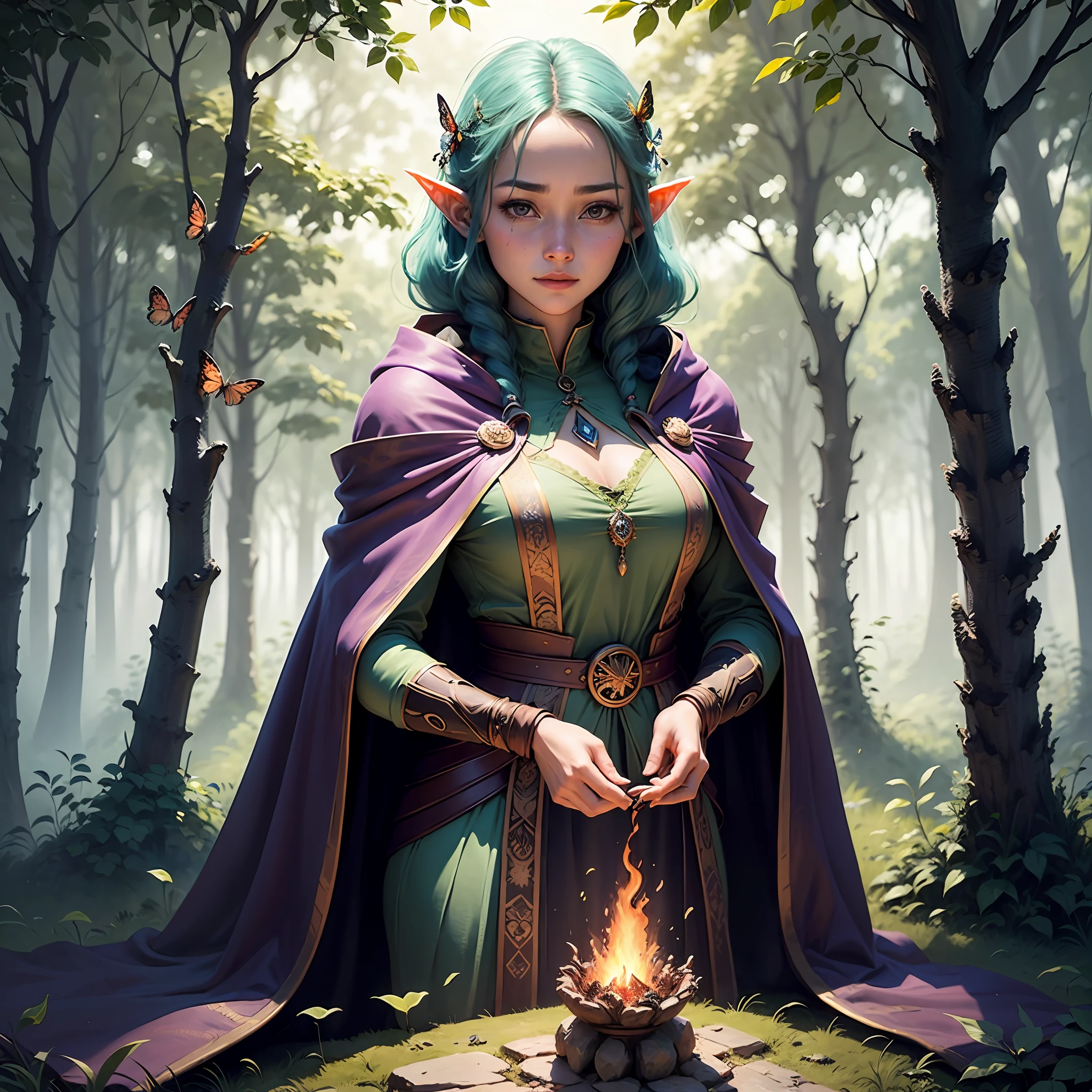 A little female elf in a dark purple cloak stands in the forest,  beautiful and elegant female elf,Female elf wizard, elfic priestess,Watch the audience with beautiful elves and gorgeous robes, Portrait of a Flame Mage，epic art style，ssmile，looking toward the viewer，edge lit，Plants cover the ground，Lush forest，A butterfly that exudes a sparkling light，Fluttering tiny fireflies，A huge and ancient and mysterious cyan rain tree，The knight guarded her，Look at her，The eyes are full of love。
