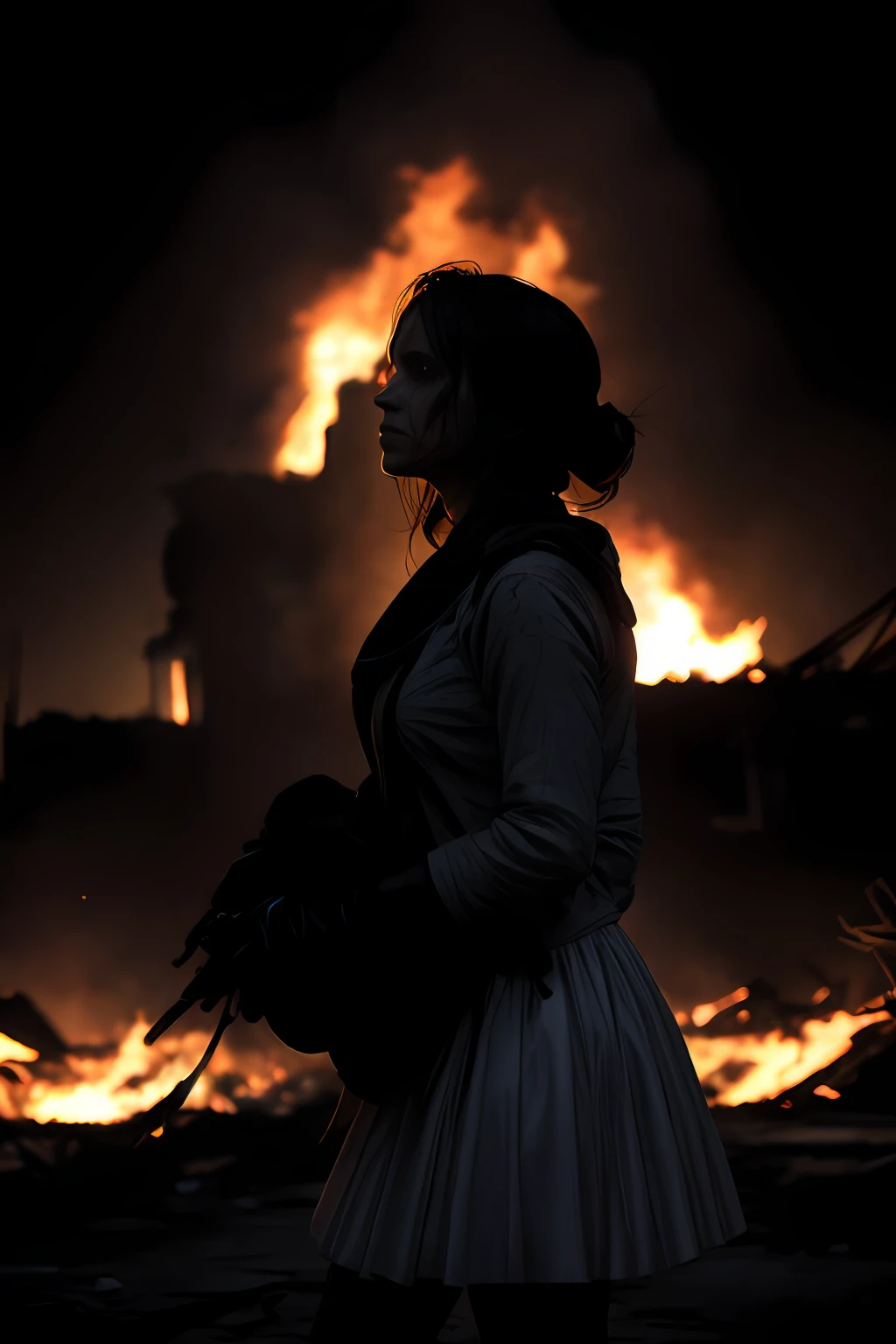 close up, (front view:1.2) of a graceful female, centered in frame, (sad:1.3), intricate white dress, walk on decrepit street, destroyed buildings, dark sky, active fires in background, volumetric fog, subsurface scattering, ambient occlusion, post apocalyptic, ruins of war, fire, smoke, (bokeh:1.4),