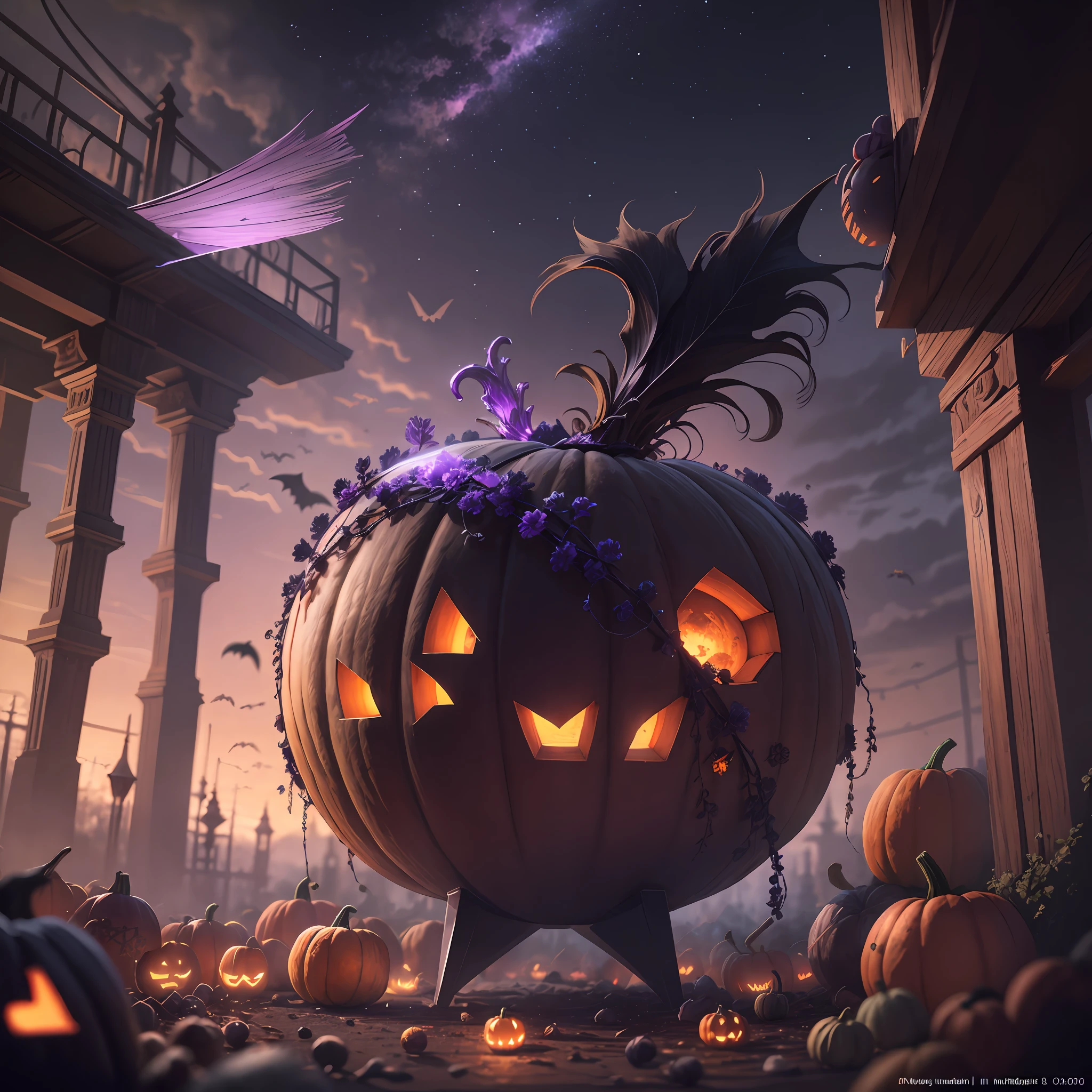 neo-classical, conceptual art, Ray tracing, Sparkle, Ultra-wide angle, kanon, f/4.0, hyper HD, 巨作, Best quality, A high resolution, Award-Awarded, 16k,Alchemy,steampunc,pumpkins,the bats,Flying broom,Purple sky,