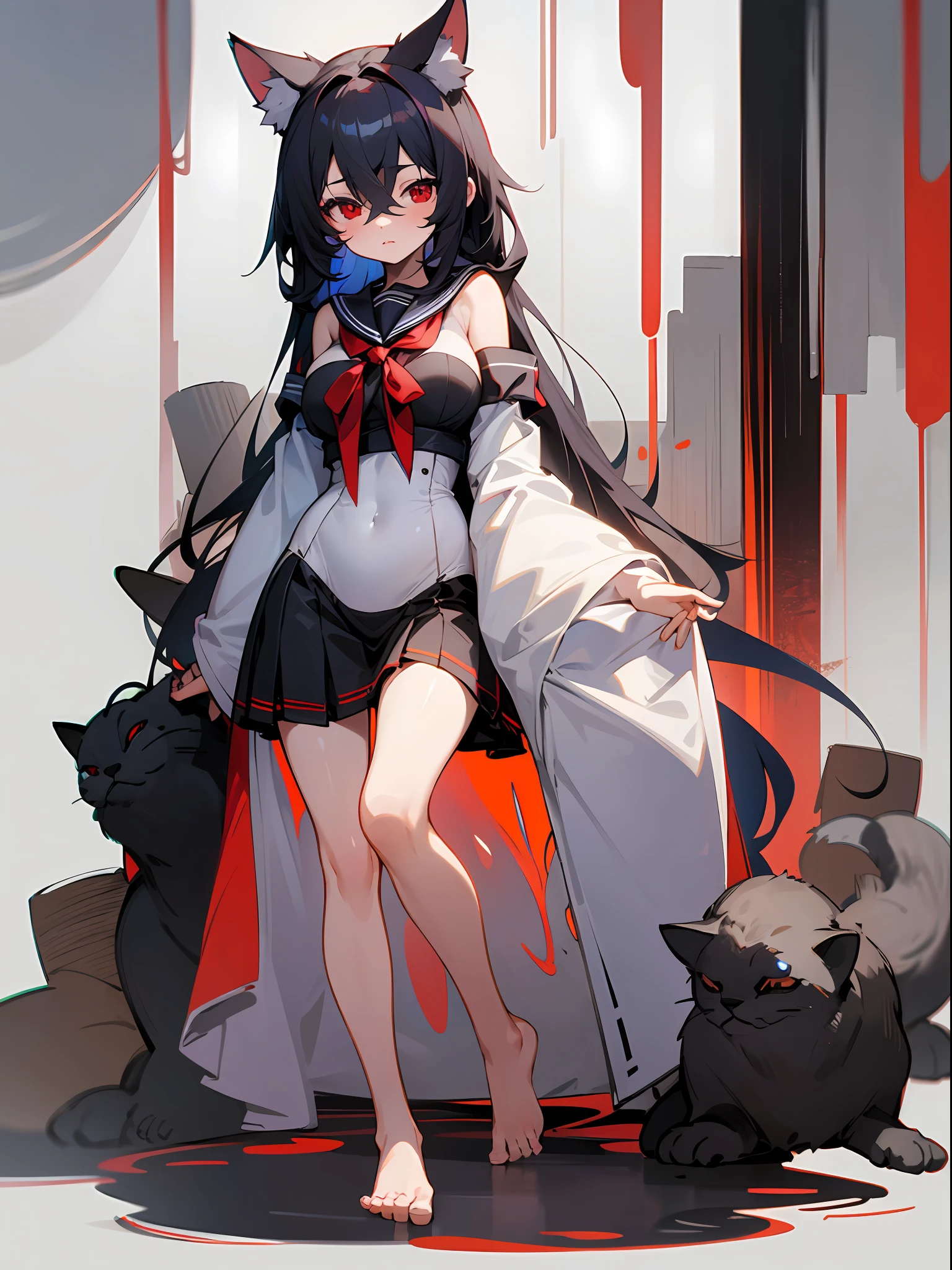 full body ,white background ,1girl ,bare shoulders ,black hair ,red eyes ,long hair ,wide sleeves ,bare legs ,bare feet ,sailors shirt ,hair between eyes ,big breasts ,loli ,child ,cat ears