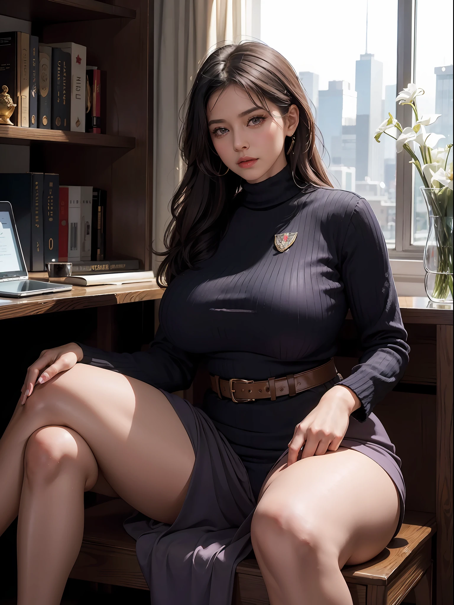 woman(upper body:1.2 1girl, masterpiece, best quality, ultra-detailed, illustration, finely detailed eyes and detailed face) Clothes: military outfit, special force general, Appearance: black hair in a , natural makeup, (purple eyes:1.05), wide hips, massive breasts, alluring, motherly, looking at viewer, curvy, voluptuous, full body, (mature female, milf:1.1), solo, (curvy:1.1), big ass, thick thighs, milf, modern military office background, sitting down, legs crossed