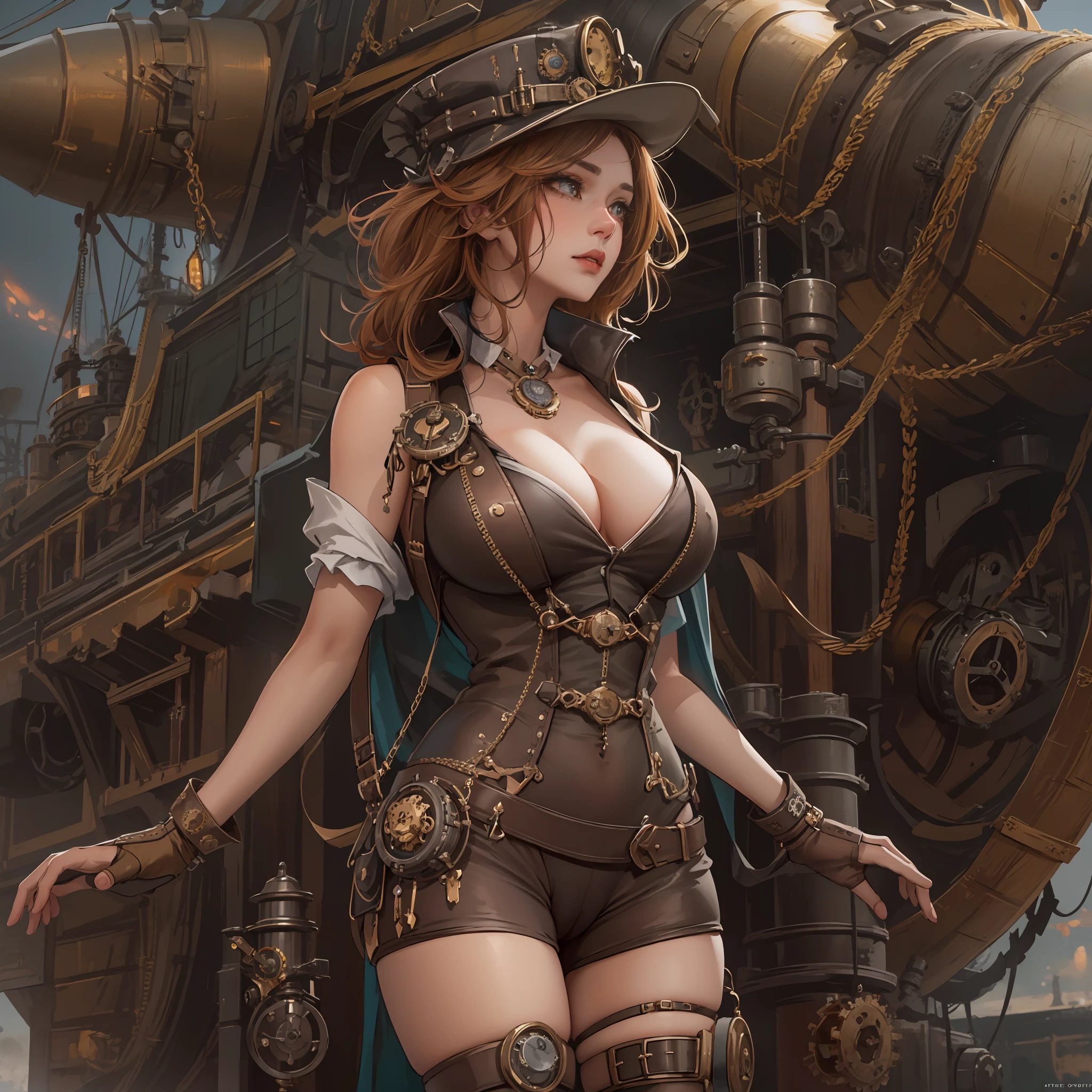 dynamic pose, random hair color, random eye color, tenebrism art style painting,oil on canvas,(((natural sagging breast, marked,very marked cameltoe,steampunk airship background landscape,full steampunk clothes intricade detail))), WLOP, sakimichan , stanley artgem lau,, hyperrealistic,trending on Artstation, Unreal Engine 5, 8k,concept art, insanely detailed, symmetrical, octane render, artistic, cinematic, ultra sharp focus, highly detailed, vibrant soul, perfection