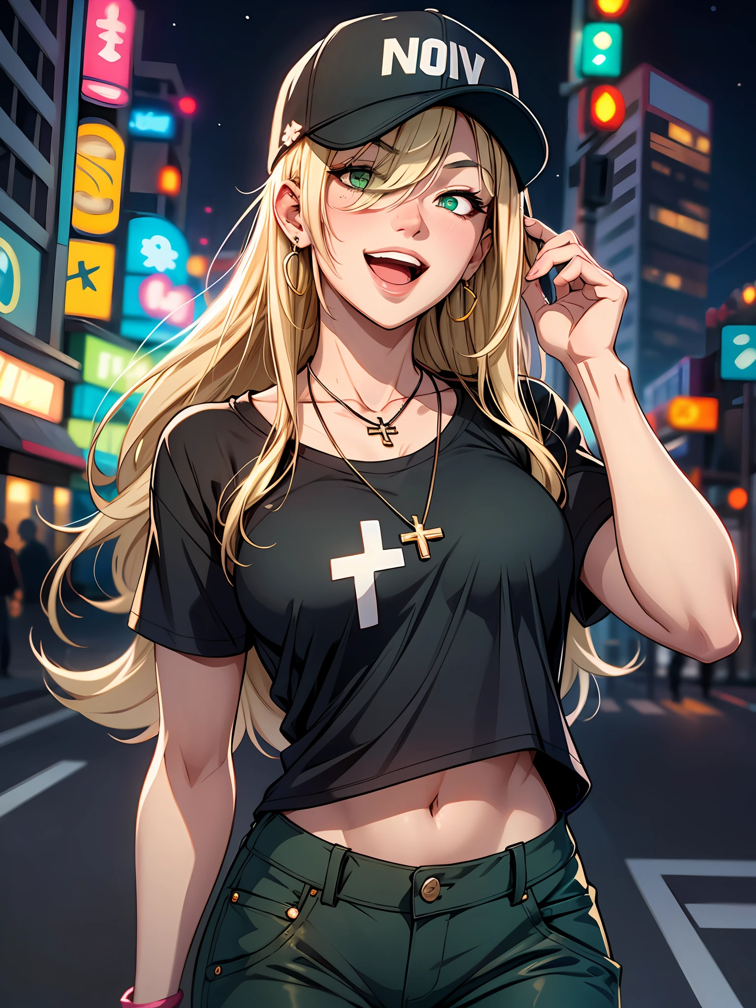 woman, (mature:1.3), blonde, long hair, bangs, hair over one eye, green eyes, cross necklace, cross earrings, uncanny smile, open mouth, Black T-shirt, baseball cap, baggy pants, walking, from below,
outdoors, street, city, night, neon lights,