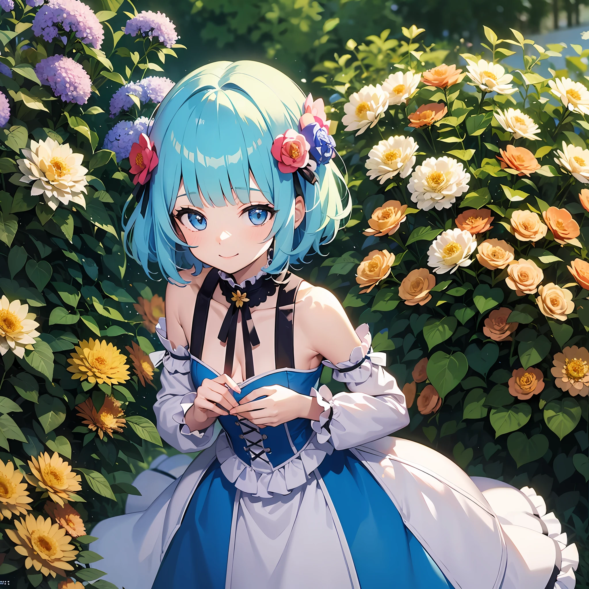 (masterpiece:1.3), (best quality:1.3), high resolution,
couboy shot,
leaning forward, holding, body facing forward,
(one cute girl:1.3), solo,
white skin, small Breast, eight-headed person,
light blue hair, (bobbed hair:1.2), (short hair:1.2), (blunt bangs:1.2), beautiful hair, blue eyes, beautiful detailed eyes,
heart, cheerful smile,
frilled dress, bouquet, blue check skirt, detached sleeves,
outdoors, flower garden, natural park,
shadowlighting,