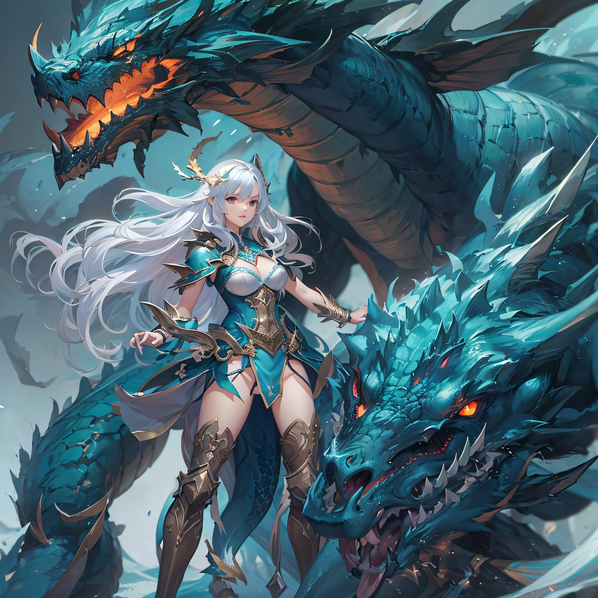 Anime – A dragon standing in front of a giant dark blue dragon and a stylish woman in light blue armor, 2. 5 d cgi anime fantasy artwork, a very beautiful berserker woman, anime fantasy artwork, Dragon Girl, by Yang J, cushart krenz key art feminine, armor girl, anime fantasy illustration, Very detailed ArtGerm, krenz cushart and artgerm、Cang