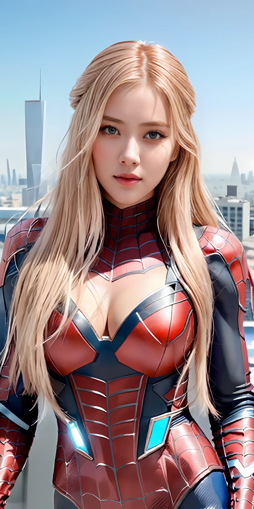 (1girl:1.3), Solo, (((Very detailed face)))), ((Very detailed eyes and face)))), Beautiful detail eyes, Body parts__, Official art, Unified 8k wallpaper, Super detailed, beautiful and beautiful, beautiful, masterpiece, best quality, original, masterpiece, super fine photo, best quality, super high resolution, realistic realism, sunlight, full body portrait, amazing beauty, dynamic pose, delicate face, vibrant eyes, (from the front), She wears Spider-Man suit, red and black color scheme, spider, very detailed city roof background, rooftop, overlooking the city, detailed face, detailed complex busy background, messy, gorgeous, milky white, highly detailed skin, realistic skin details, visible pores, clear focus, volumetric fog, 8k uhd, DSLR, high quality, film grain, fair skin, photo realism, lomography, futuristic dystopian megalopolis, translucent, supermen, flying in city, full body, big breasts, curved buttocks
