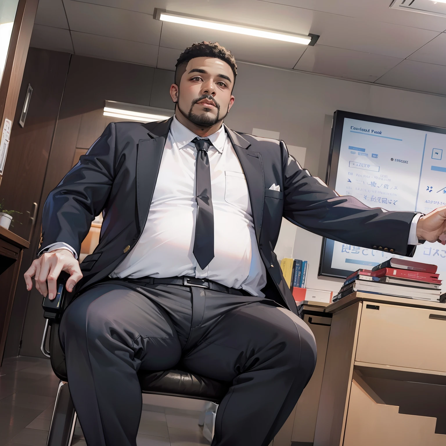 Black and fat male boss，Speak in the office