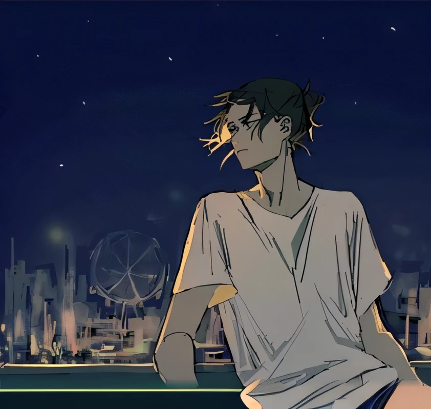 Anime boy sitting on railing looking at the city at night, conrad roset and makoto shinkai, jamie hewlett art, Makoto Shinkai Cyril Rolando, makoto shinkai art style, Makoto shinkai style, inspired by Tomer Hanuka, in the style of makoto shinkai, Handsome anime pose, inspired by Jamie Hewlett