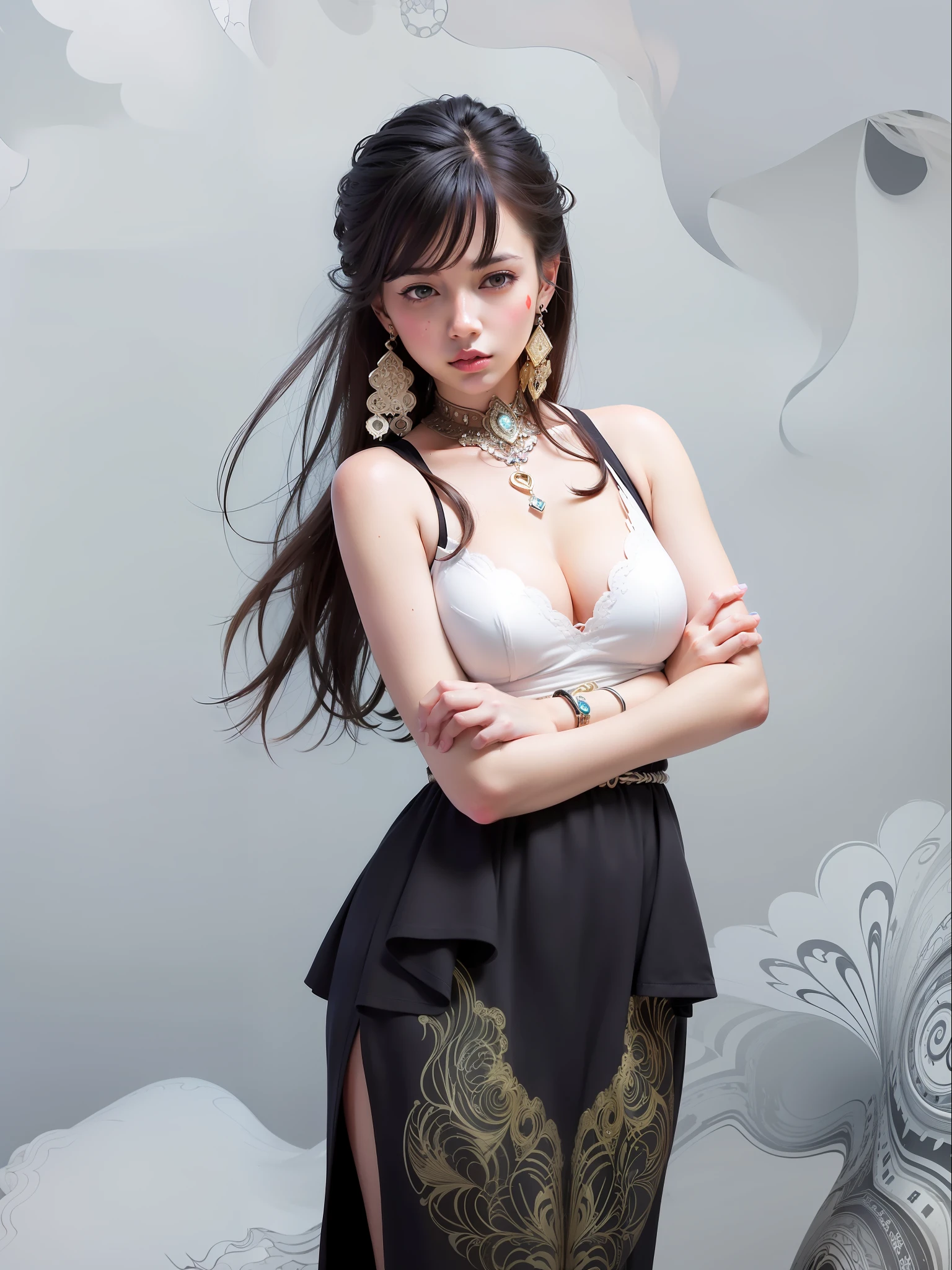 (masterpiece, top quality, best quality, official art, beautiful and aesthetic:1.2), (1girl:1.3), extremely detailed,(fractal art:1.1),(colorful:1.1),highest detailed,(zentangle:1.2), (dynamic pose), (abstract background:1.5), (japanese dress:1.2), (shiny skin), (many colors:1.4), ,(earrings:1.4),
