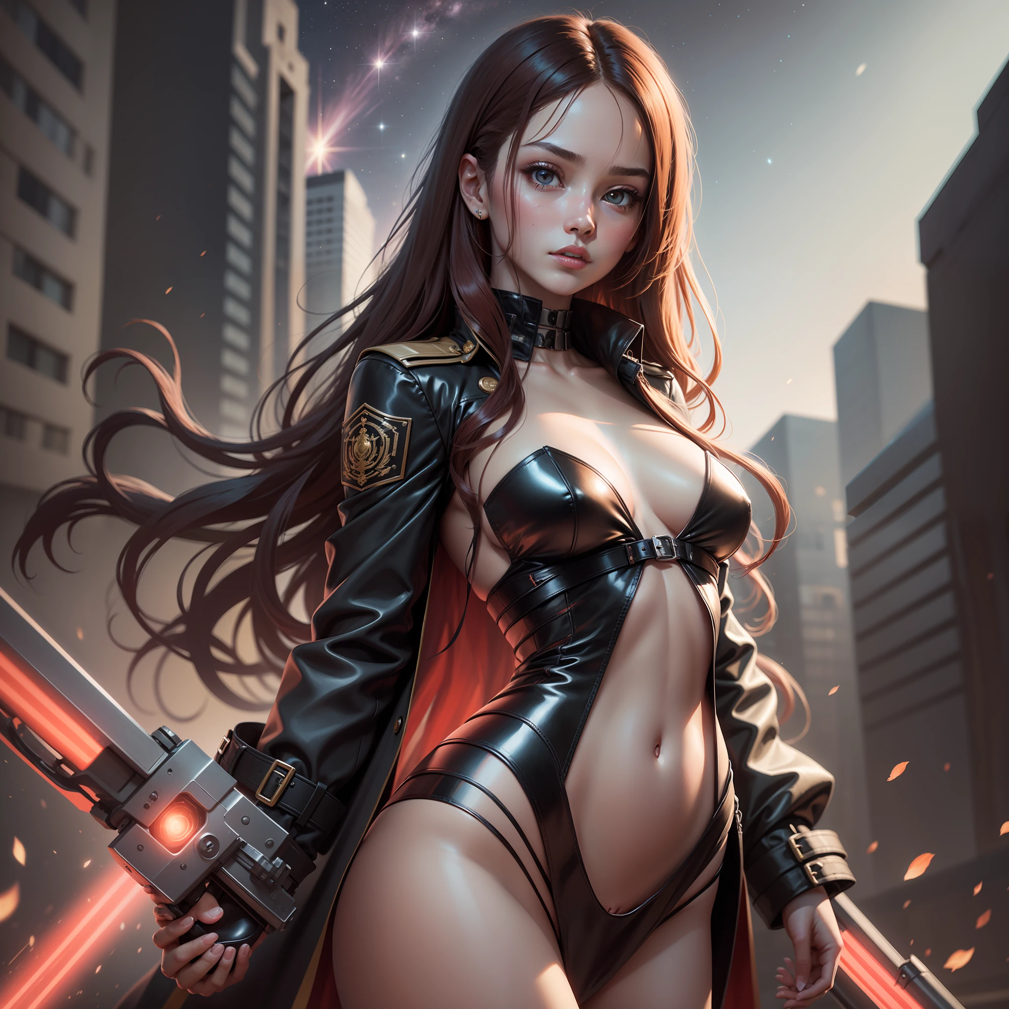 1girll, red pupils，Red long-haired，crisp breasts，Convex buttocks，Bare legged，black heels，White bandeau dress decorated with gold patterns，He wears a black trench coat，There is a red laser sword in his hand，starrysky，kosmos，Detailed background，Clothing details，perfectly proportioned, Cinematic lighting, filmgrain, Fuji colors, lightand shade contrast, 8K, 巨作, Textured skin, Super detail, high detal, high qulity, A high resolution,